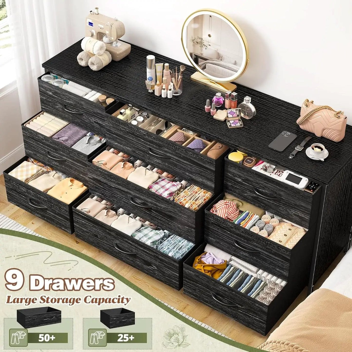 Dresser TV Stand for 60 Inch TV, 9 Drawer, Charcoal Black from PriceLows™
