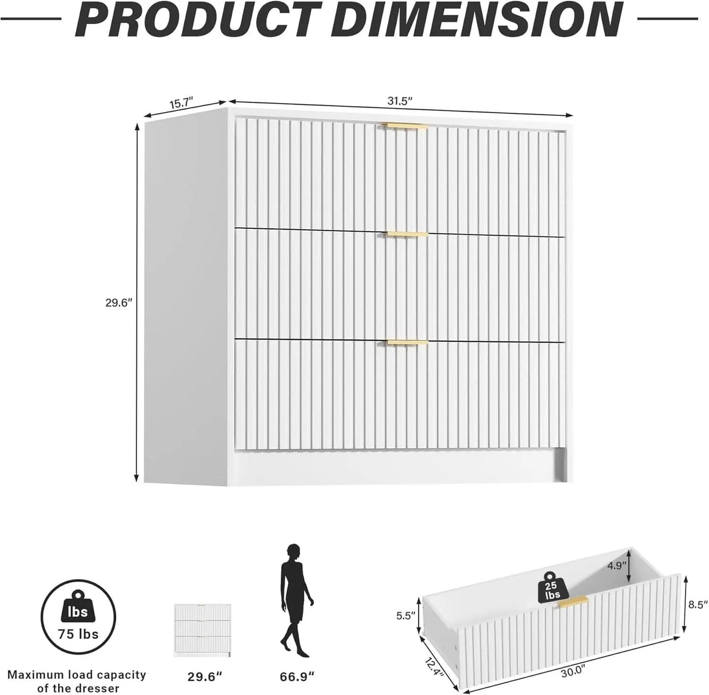 White Contemporary Dresser With Three Drawers And Fluted Panels from PriceLows™