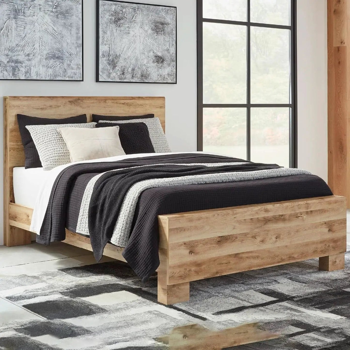 Rustic Queen Panel Bed With Metal Slats Light Brown Finish from PriceLows™