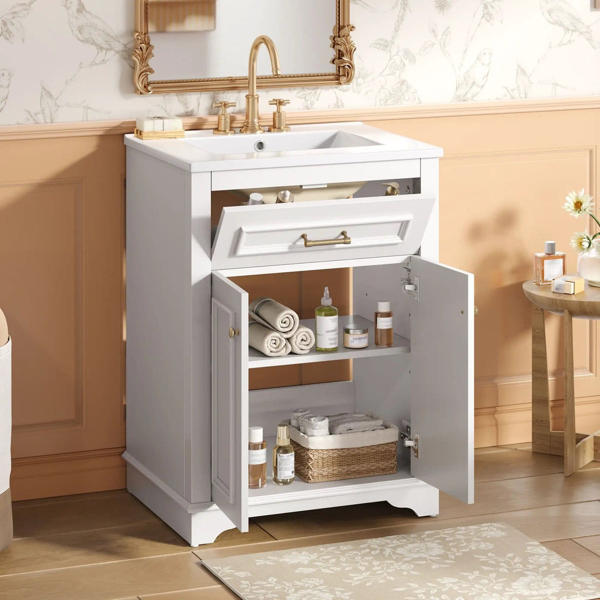 Bathroom Vanity With Integrated Sink, 2 Door Cabinet With Tip Out Drawer | 3 Pieces | Solid Wood & Iron | Bathroom