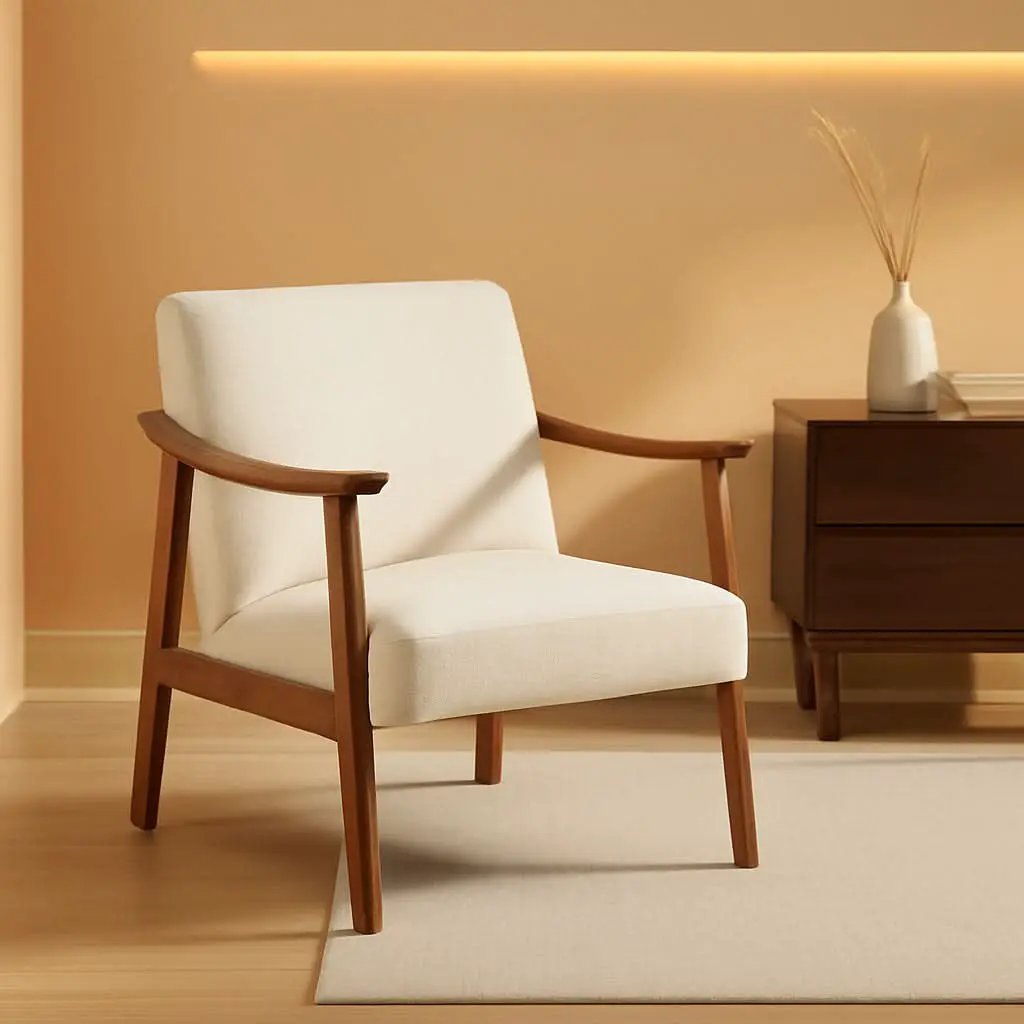 Mid Century Ivory Accent Chair With Wood Legs Boucle Upholstery from PriceLows™