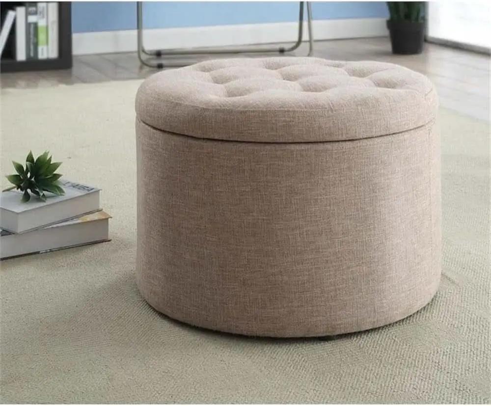 Round Shoe Ottoman Tan Fabric 12 Compartment Storage from PriceLows™