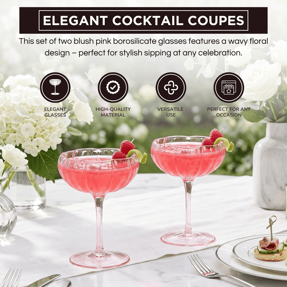 Flower Coupe Cocktail Colored Glasses Blush Pink | Set of 2 | Glass | Cocktail Glass