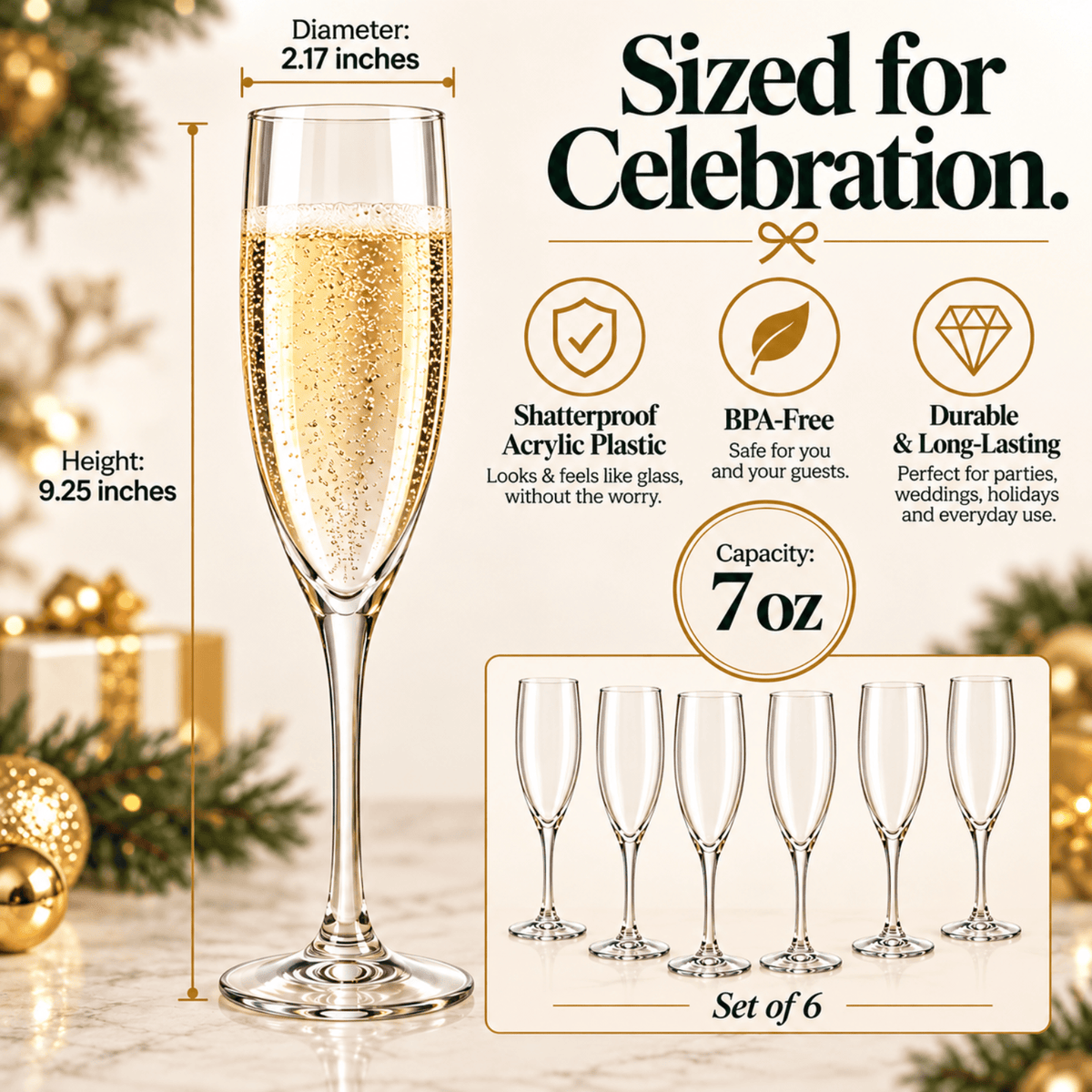 Barcelona Acrylic Champagne Flute Glassware | 7 oz | Set of 6 | Acrylic