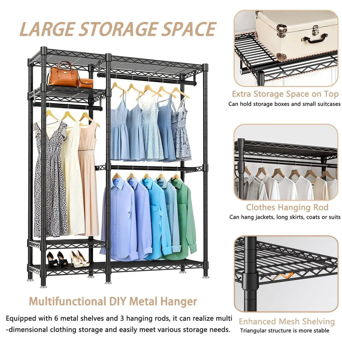 Freestanding Clothes Rack, With 6 Adjustable Wire Shelves And 3 Garment Rails | Freestanding Organizer | Steel | Black