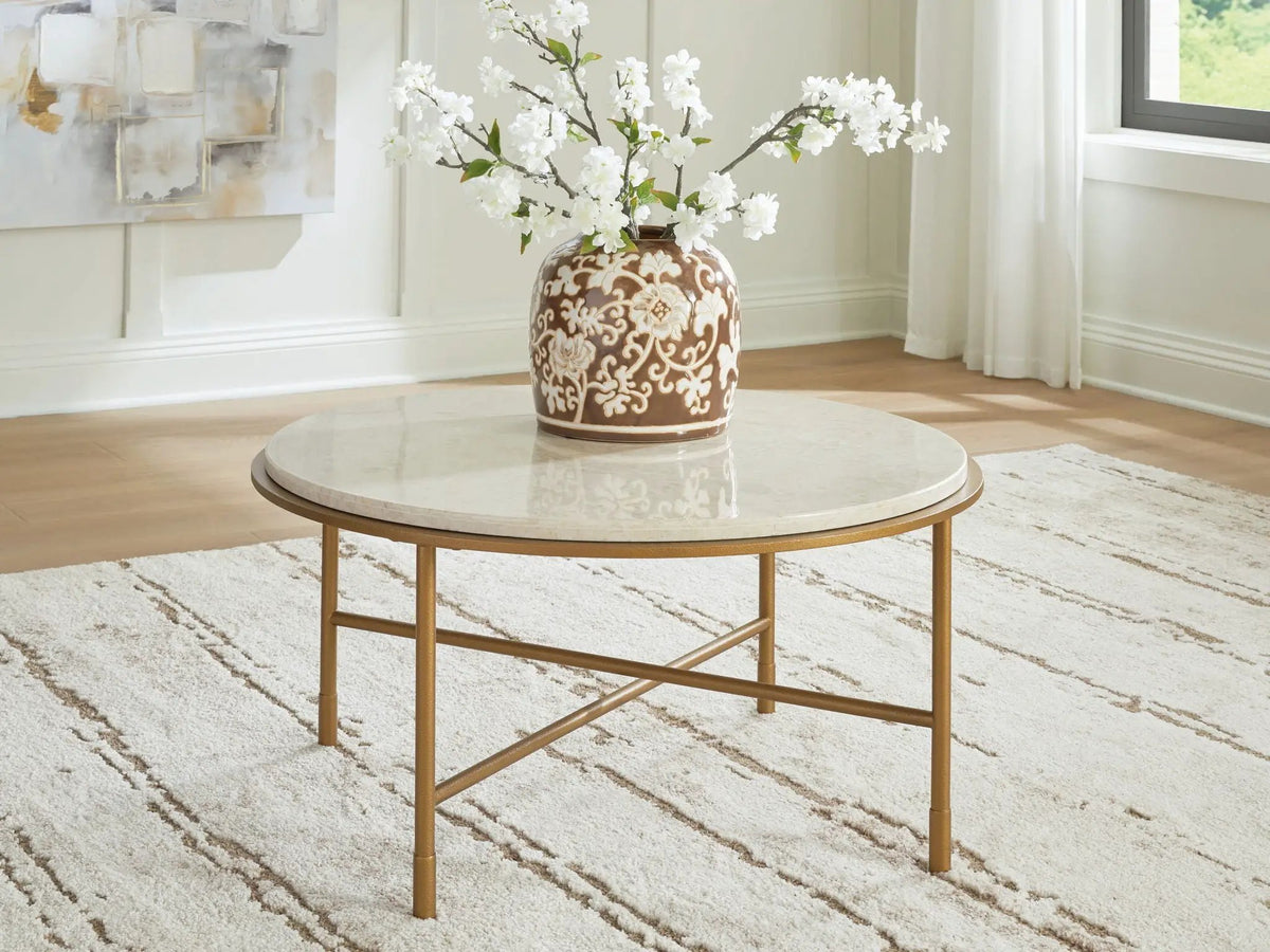 Alben Round End Table | Antiqued Goldtone Metal Frame | Natural Marble Top | 20.5 Inch Diameter