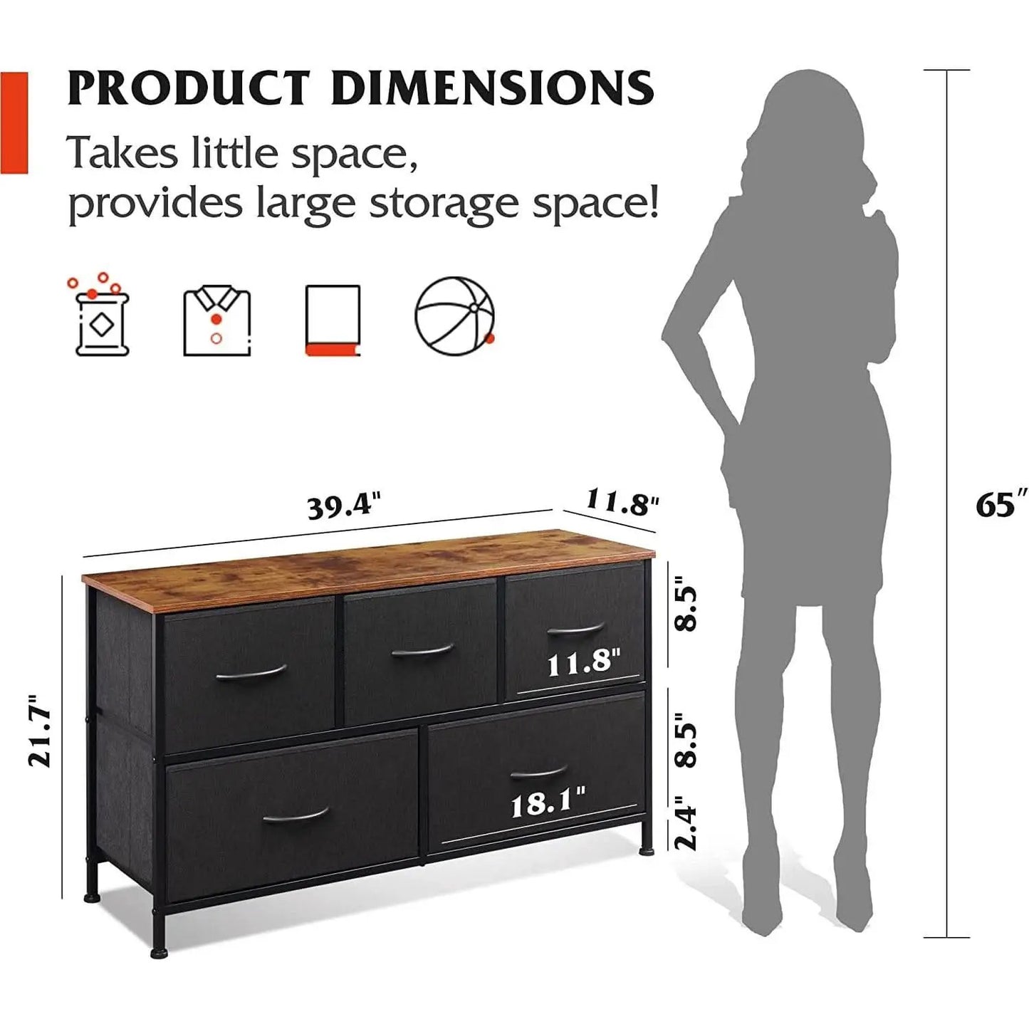 5 Drawer Fabric Dresser With Bins And Wood Top For Bedroom from PriceLows™