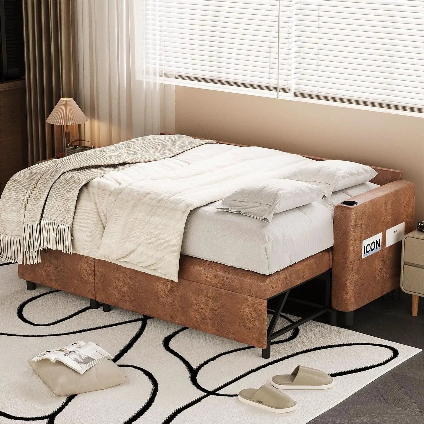 Brown Leather Sleeper Sofa Bed With Storage from PriceLows™