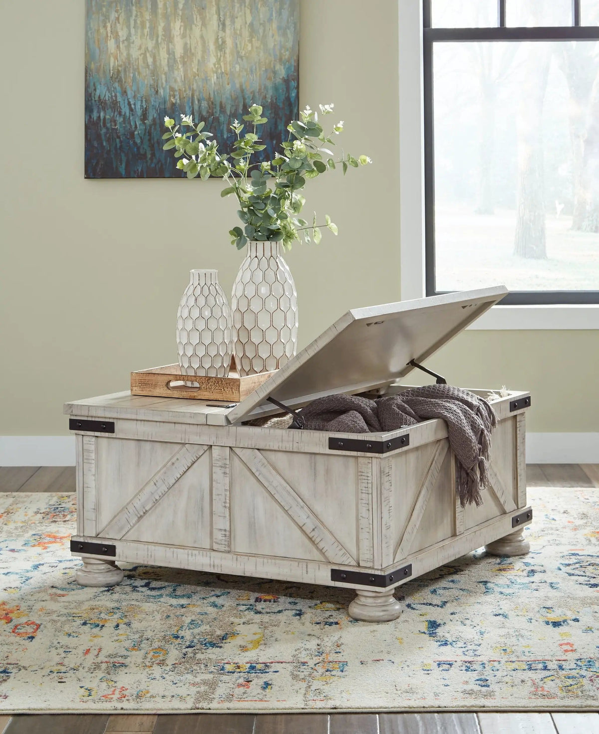 Carynhurst Cocktail Table with Storage | 36 x 36 x 18.25 in | Engineered Wood & Metal | Whitewash