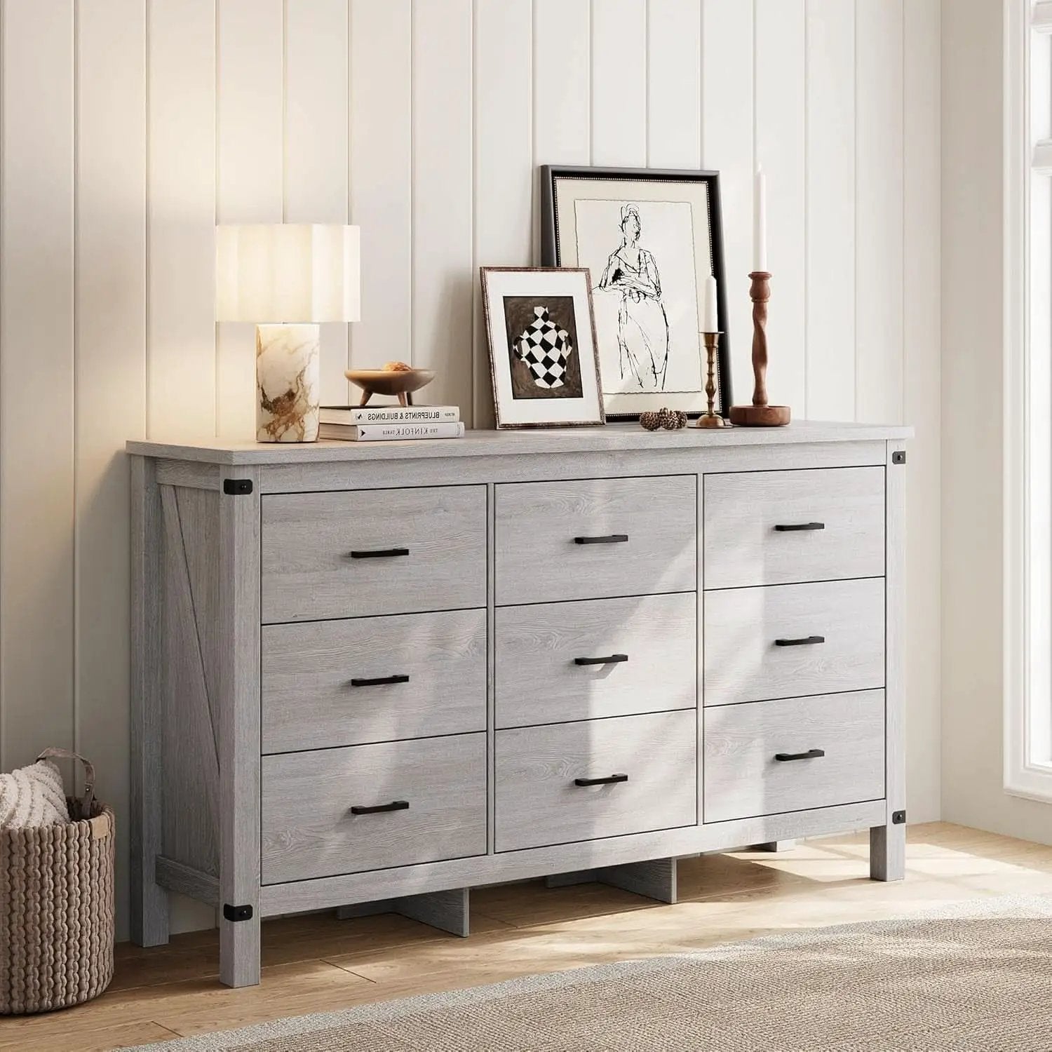 59 Inch Washed Grey Modern Farmhouse DresserWithNineDrawers from PriceLows™