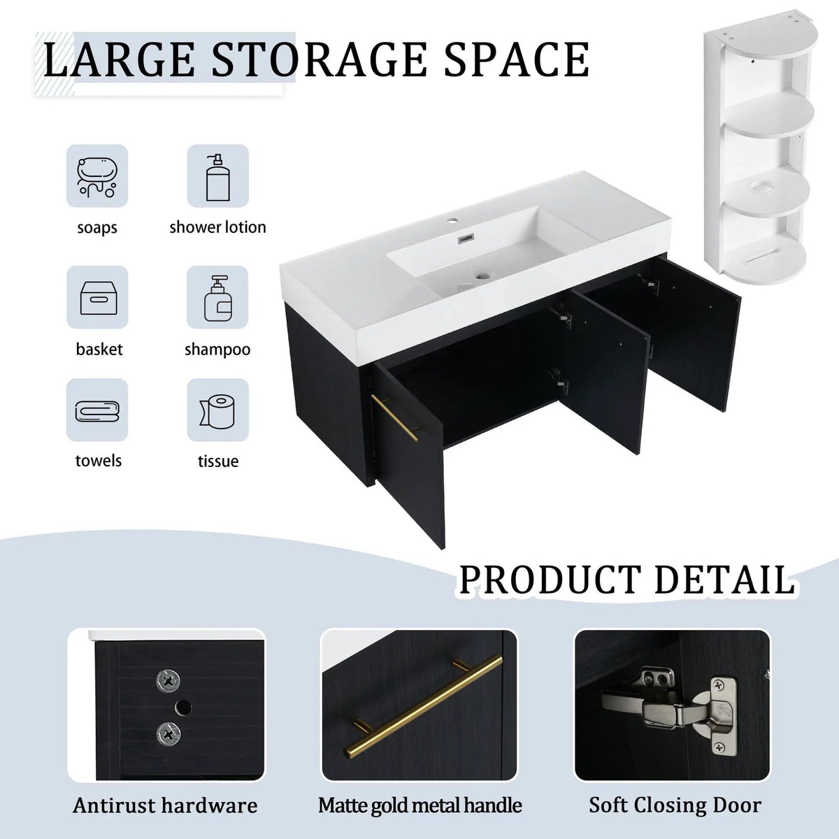 Modern Wall Mounted Bathroom Vanity With Thick Edge Resin Sink And Storage Rack | 3 Pieces | Stainless Steel & Plywood | Bathroom