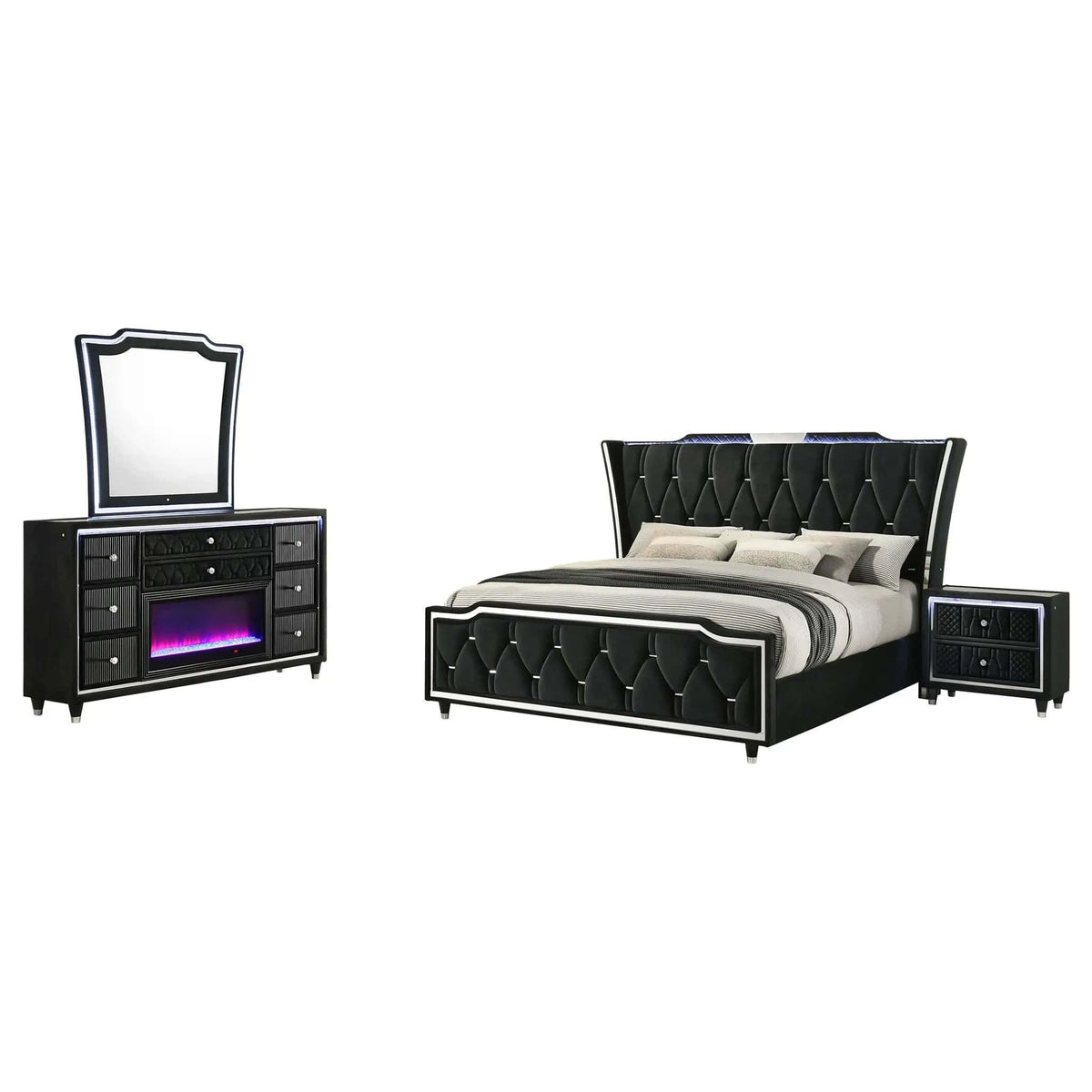 Lorient 4-piece Queen Bedroom Set | 4-Piece Set | Rubberwood & Velvet | Black