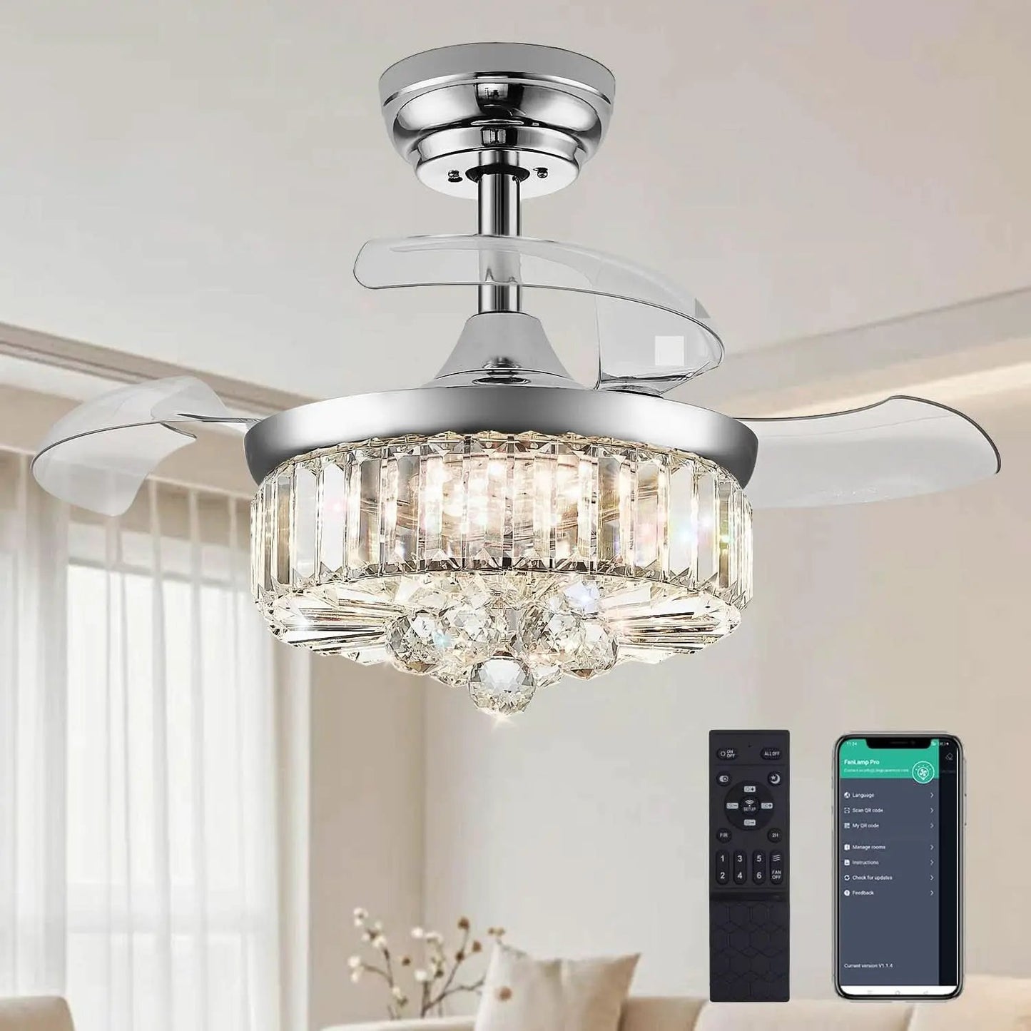 30 Inch Crystal Chandelier Ceiling Fan With Retractable Blades from PriceLows™