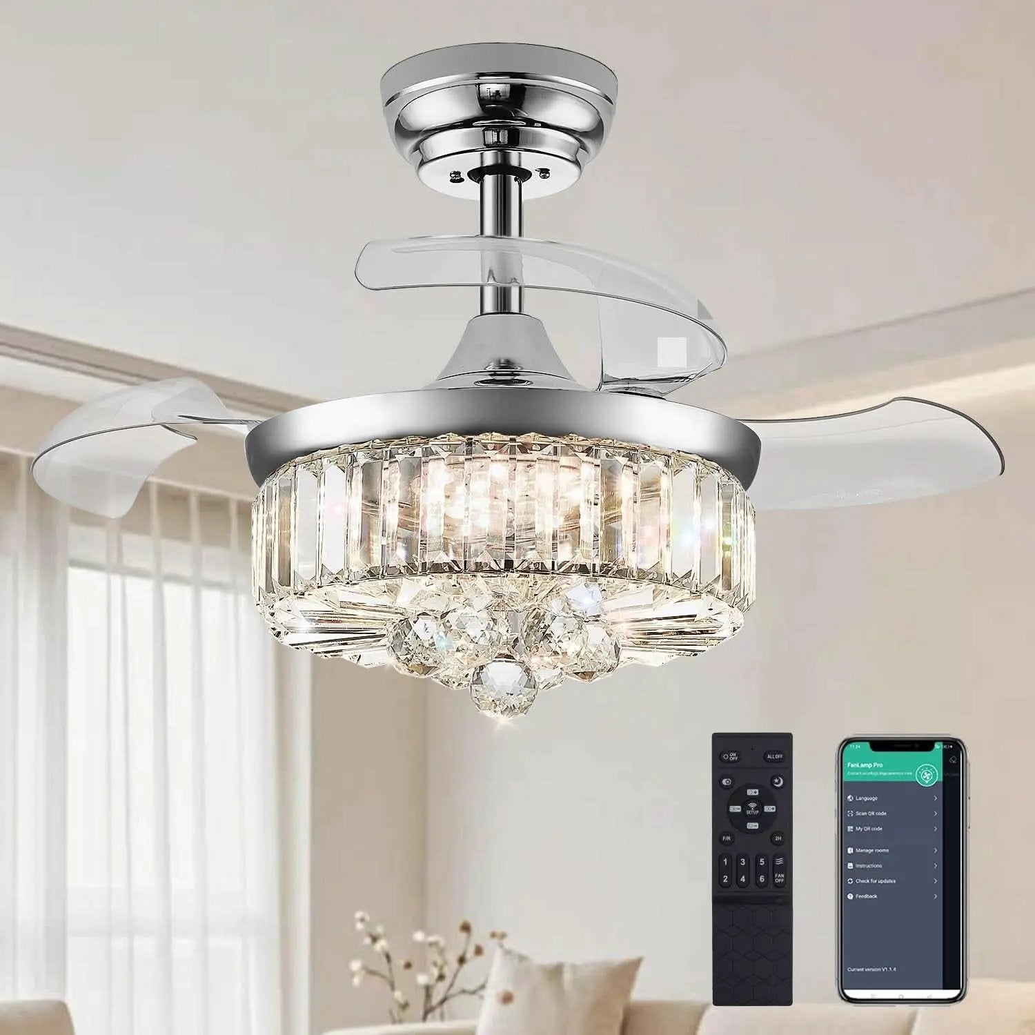 30 Inch Crystal Chandelier Ceiling Fan With Retractable Blades from PriceLows™