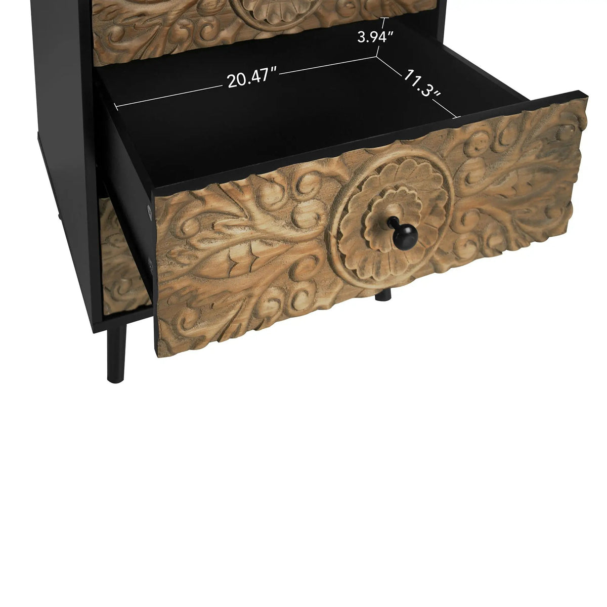 3 Drawer Nightstand | Solid Wood Panel | Hand Carved Relief | Black