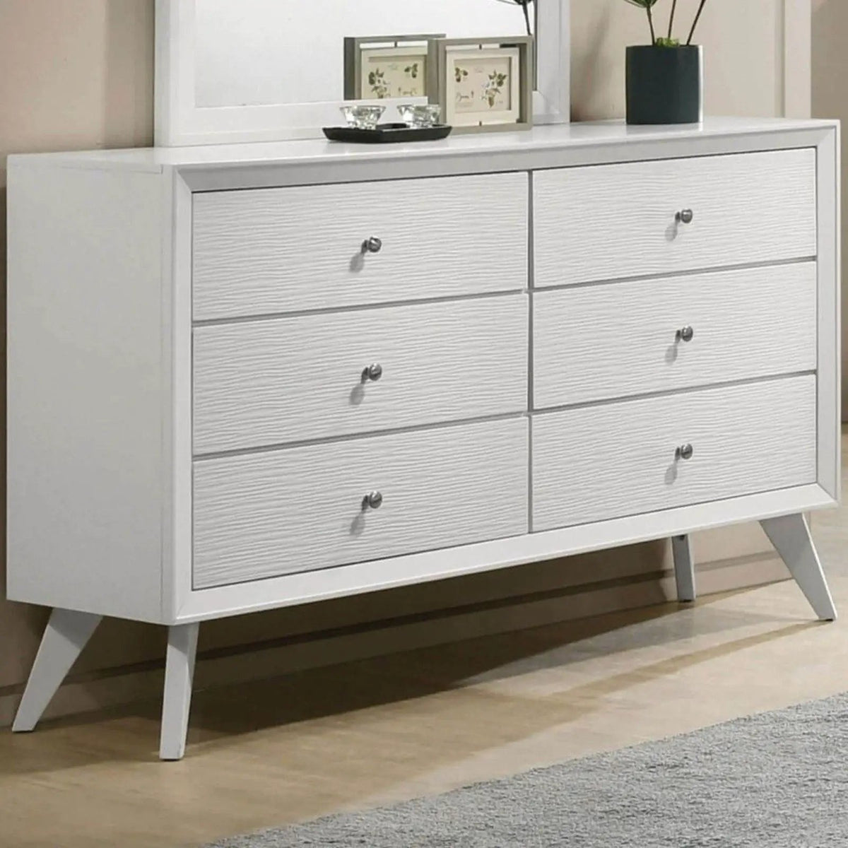 White Dresser With Mirror | Angled Legs | Round Knobs | 57.87 Inch Width