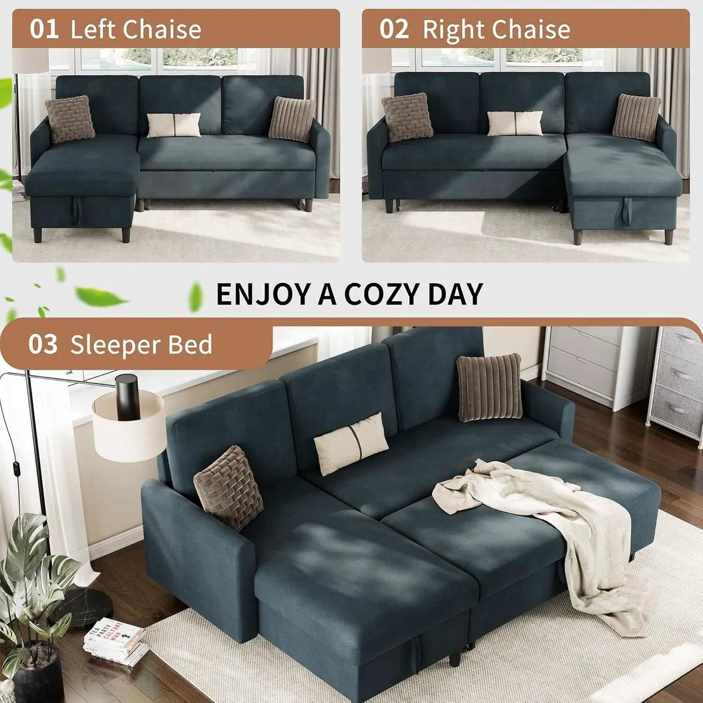 Dark Gray Convertible Sectional Sofa Bed Storage Drawer from PriceLows™