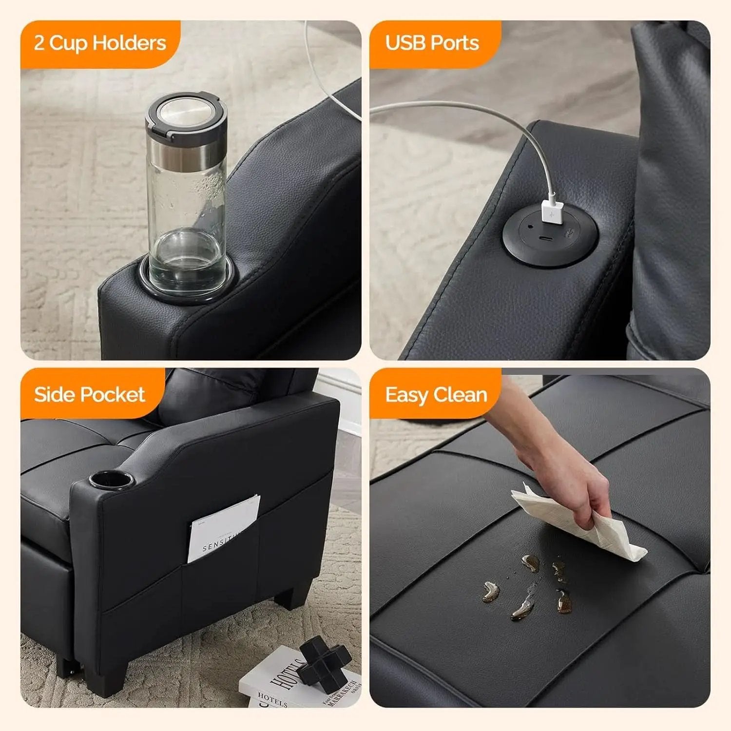 Black Multifunctional Sleeper Chair Sofa Bed Usb Ports from PriceLows™
