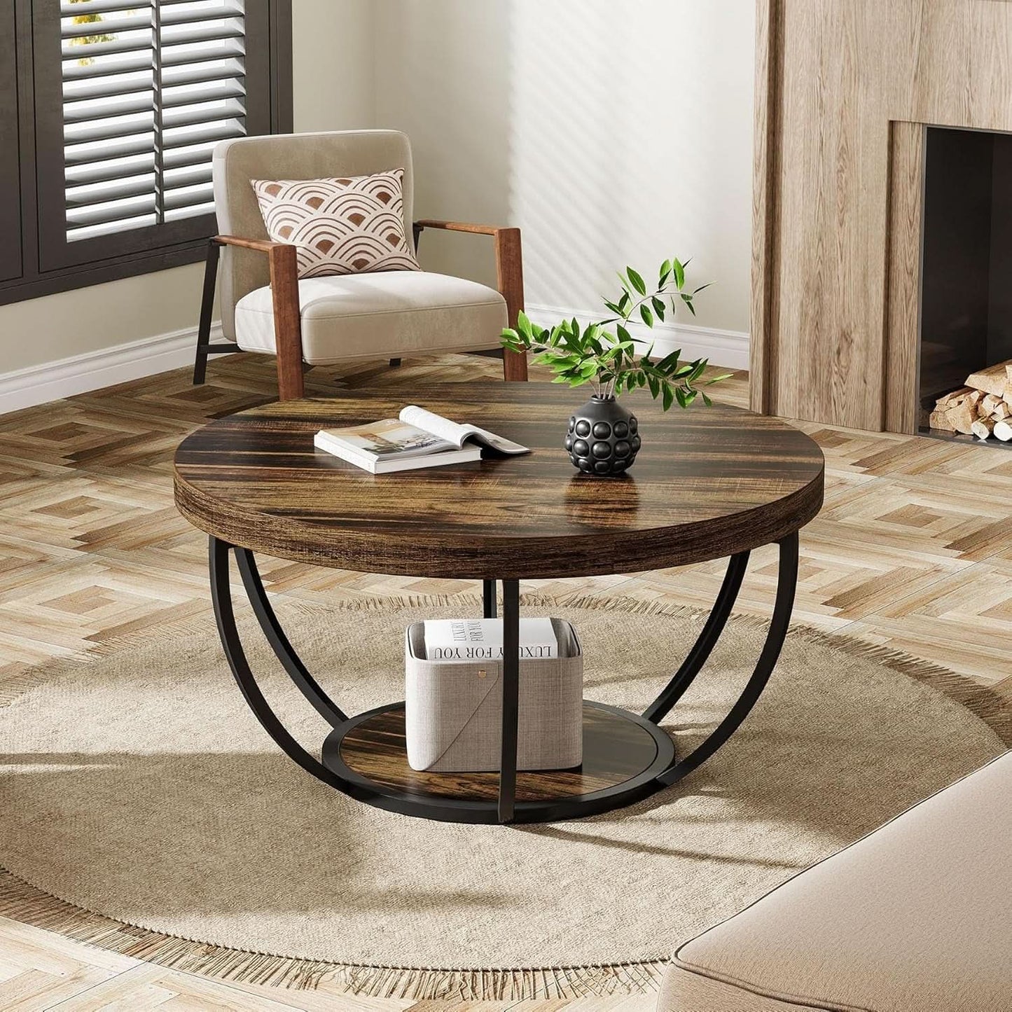 Round Coffee Table 31.7Inches Rustic Brown Storage from PriceLows™