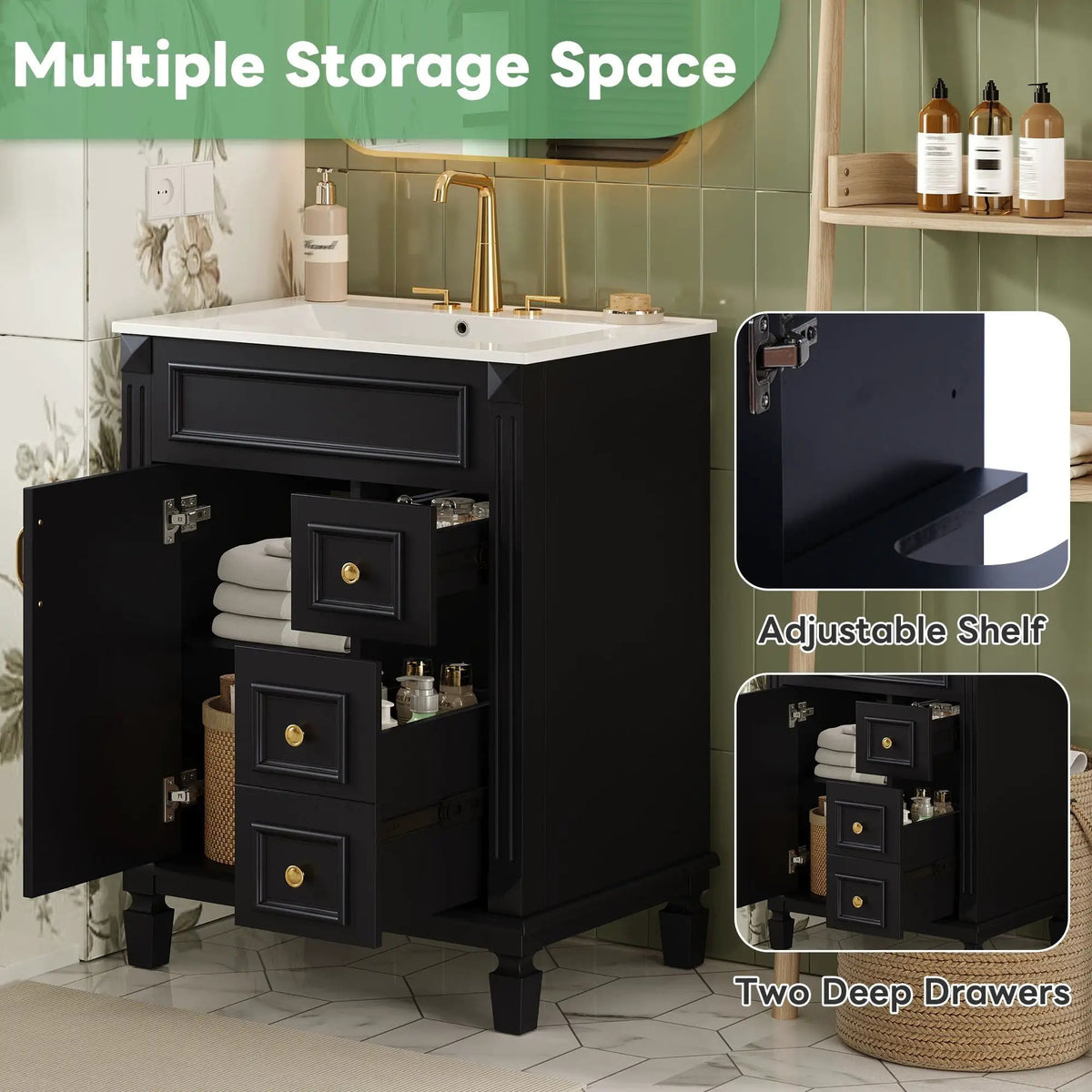24 Inch Compact Bathroom Vanity | 2 Deep Drawers | Adjustable Shelf | Retro Button Handles