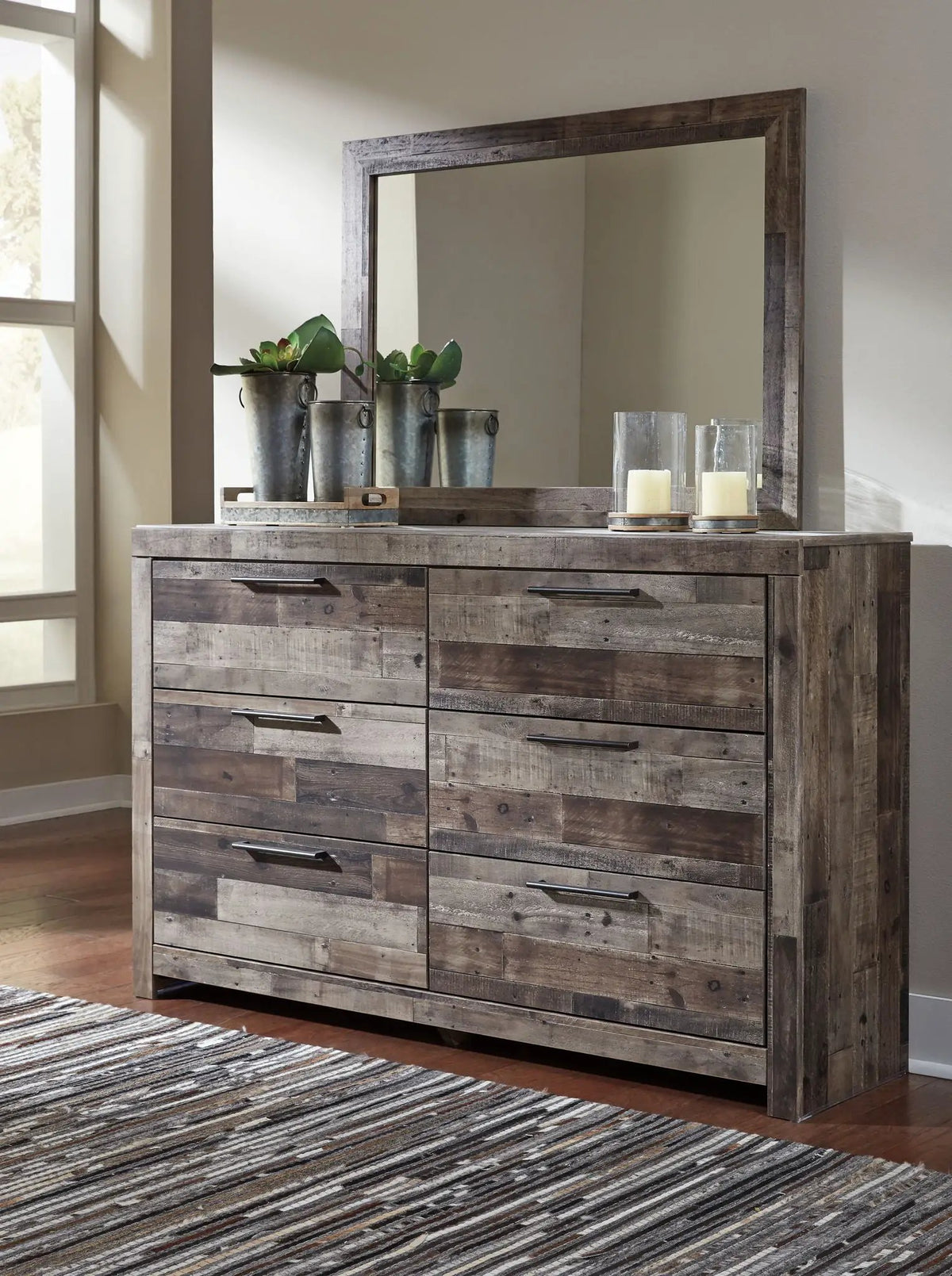 Derekson Panel Bedroom Set | 4-Piece | Rustic Butcher Block Finish | Replicated Pine Grain