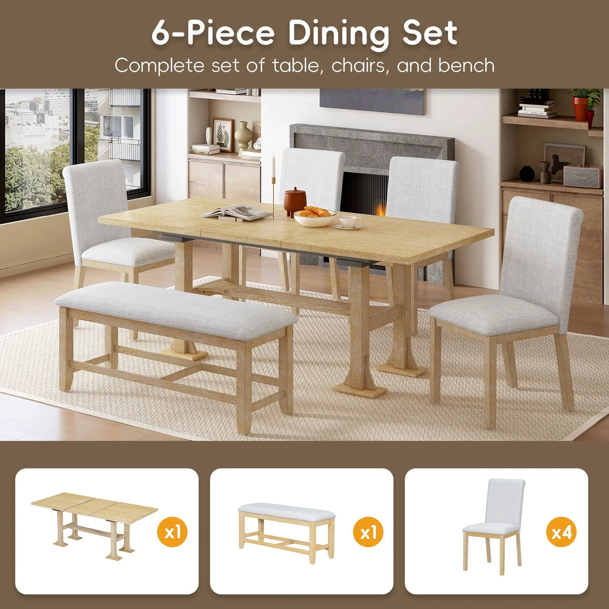 Farmhouse Dining Table Set | Solid Wood | Removable Leaf | 6 Piece