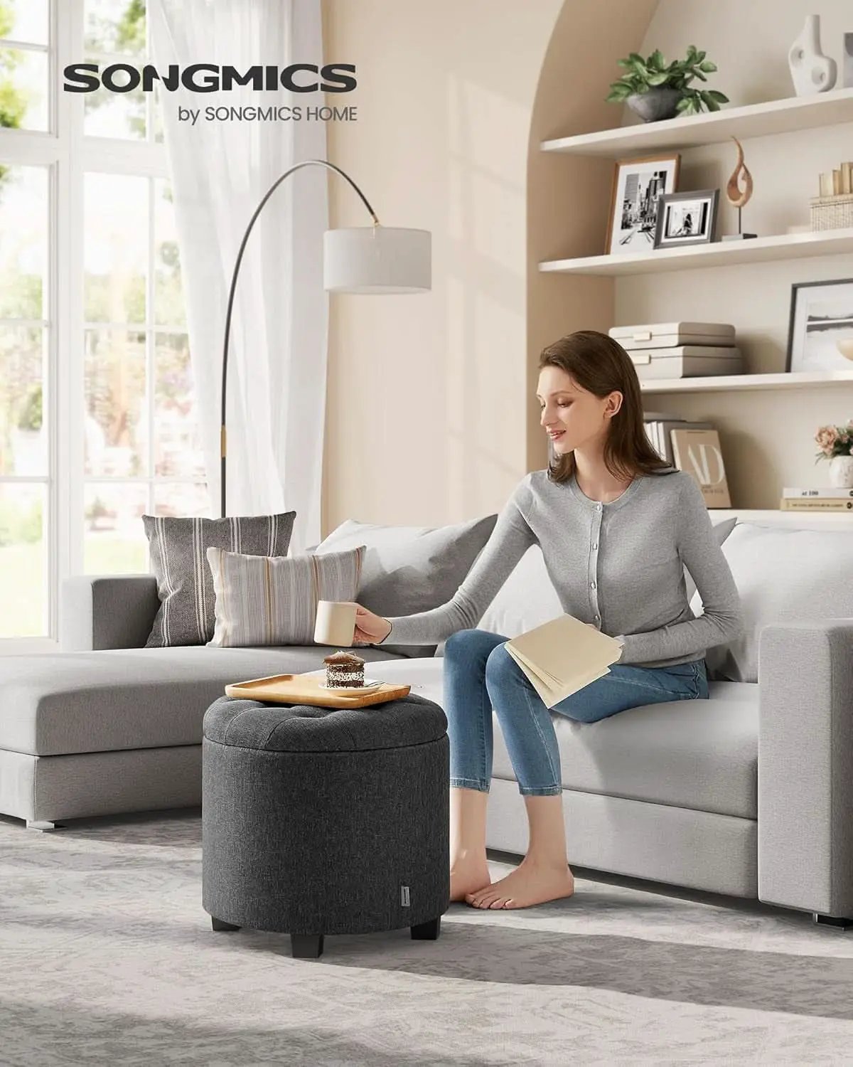 Dark Gray Round Ottoman 17InchesDiameter With Storage from PriceLows™