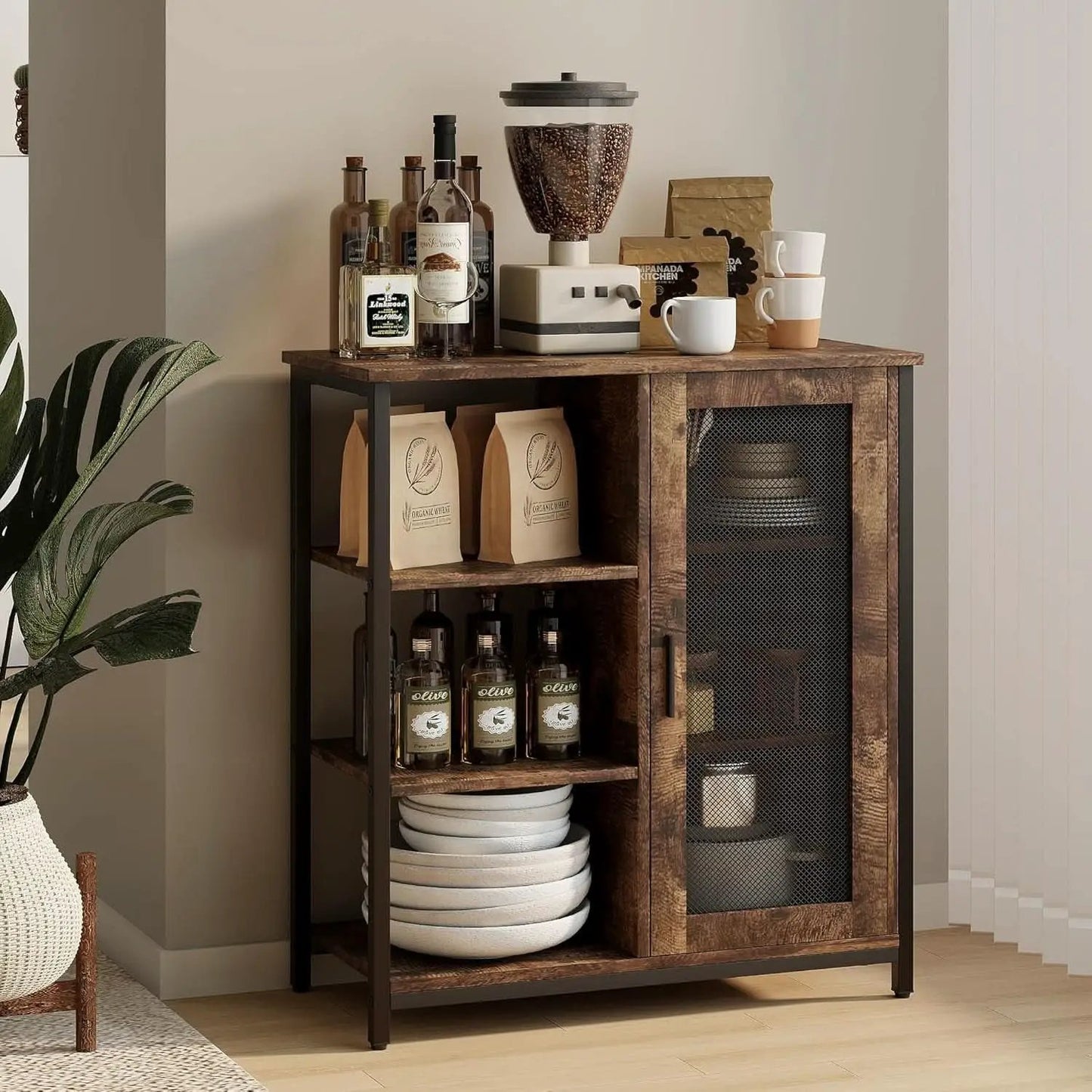 Mini Coffee Bar Cabinet 27.5 Inch Brown Finish Storage Unit from PriceLows™