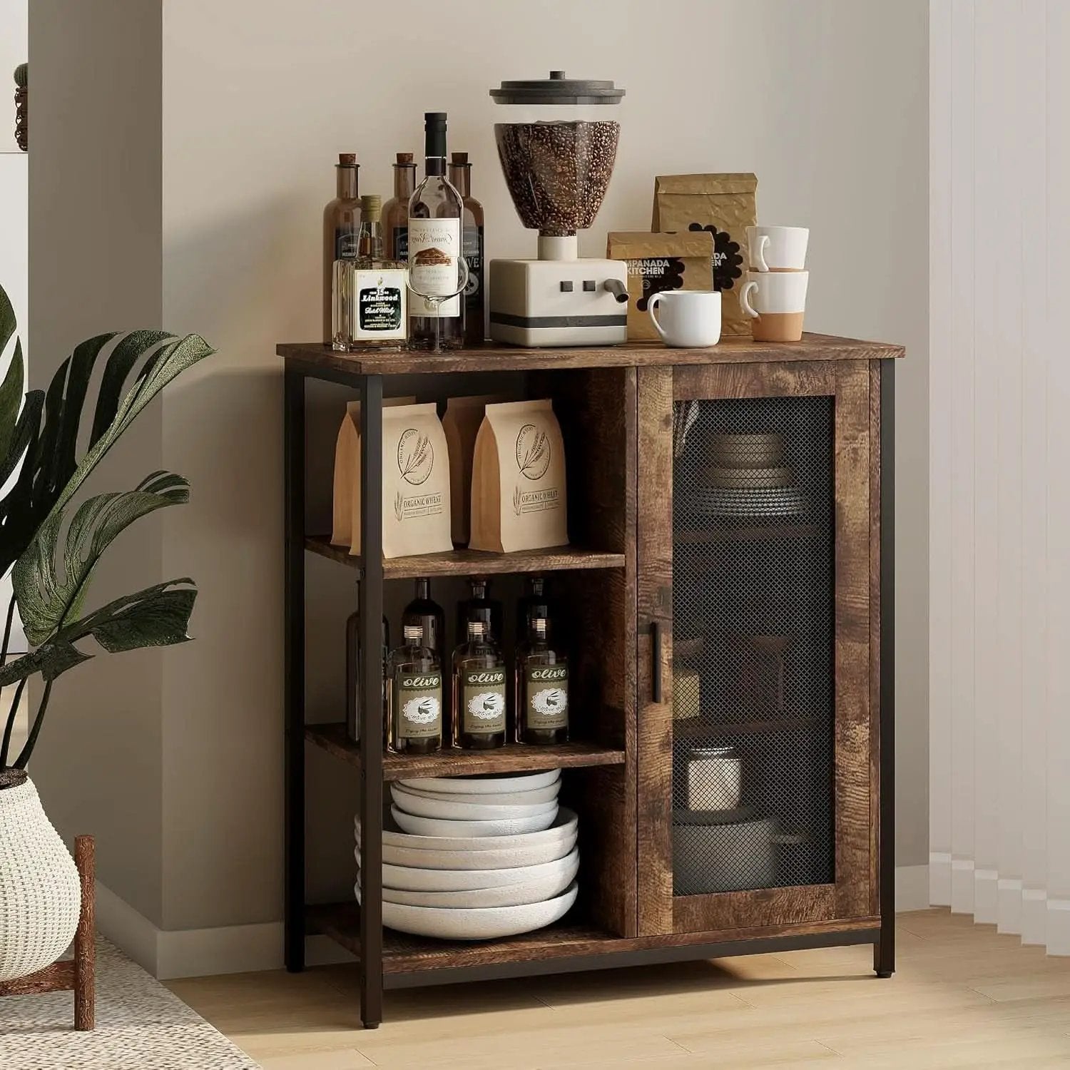 Mini Coffee Bar Cabinet 27.5 Inch Brown Finish Storage Unit from PriceLows™