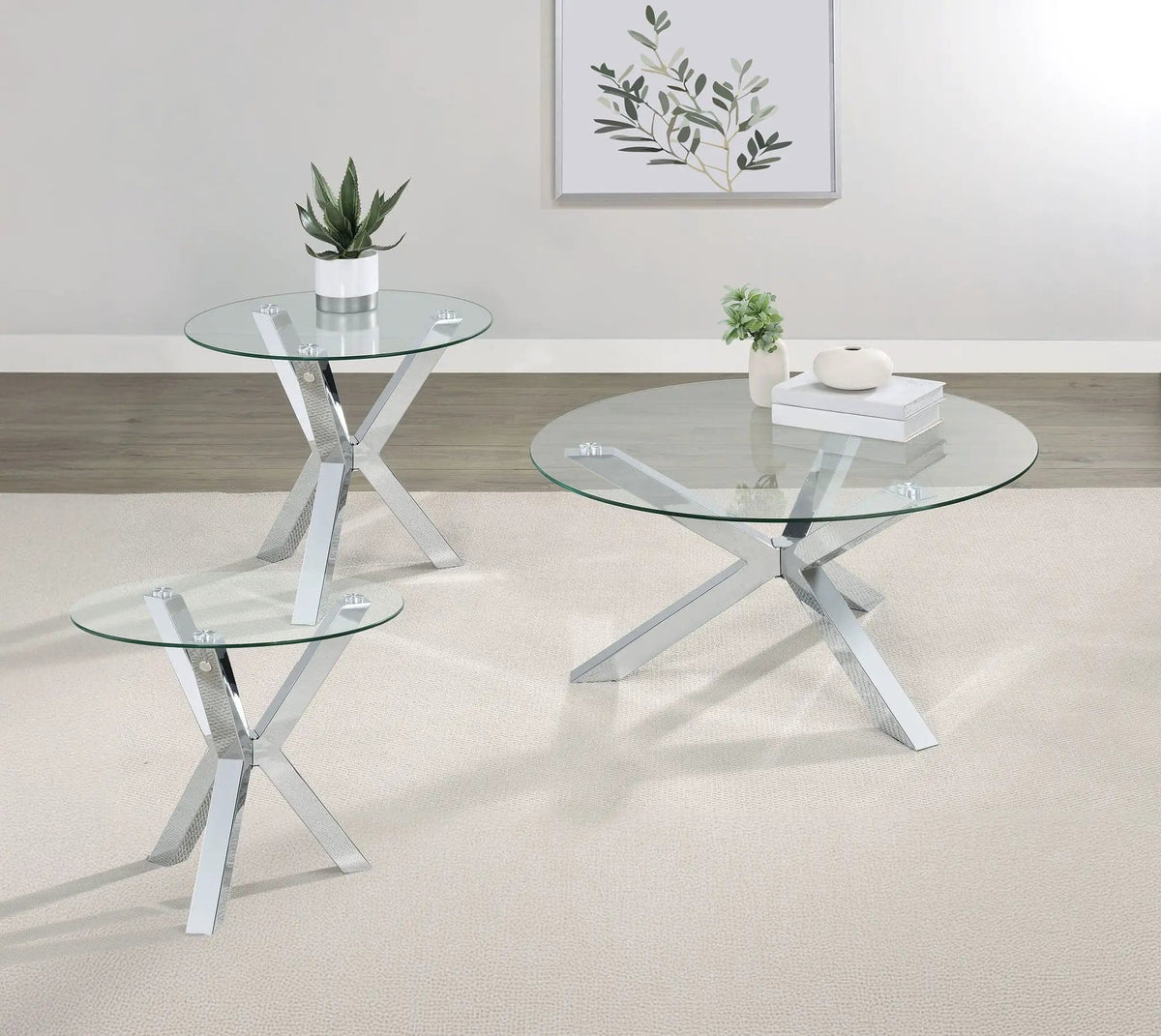 Kenzie 3-piece Round Coffee and End Table Set Chrome | 3-Piece Set | Tempered Glass & Steel | Dining Room