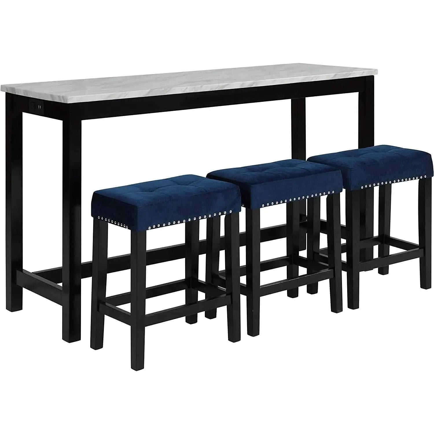 Blue Velvet Bar Table Set With 3 Stools Faux Marble Top from PriceLows™