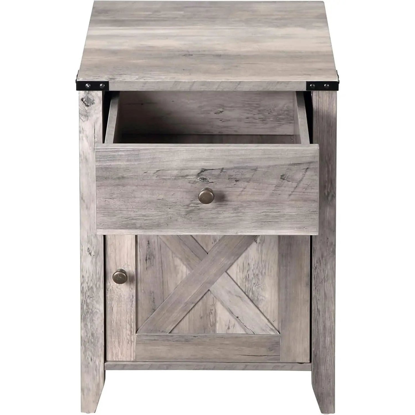 Barnwood Rustic Nightstand With X Shaped Barn Doors Grey from PriceLows™