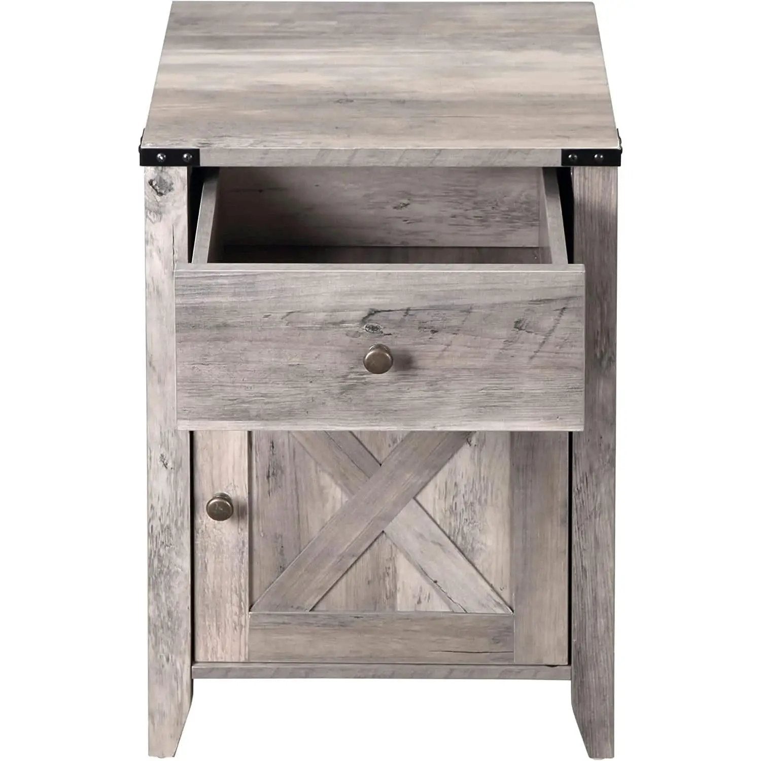 Barnwood Rustic Nightstand With X Shaped Barn Doors Grey from PriceLows™