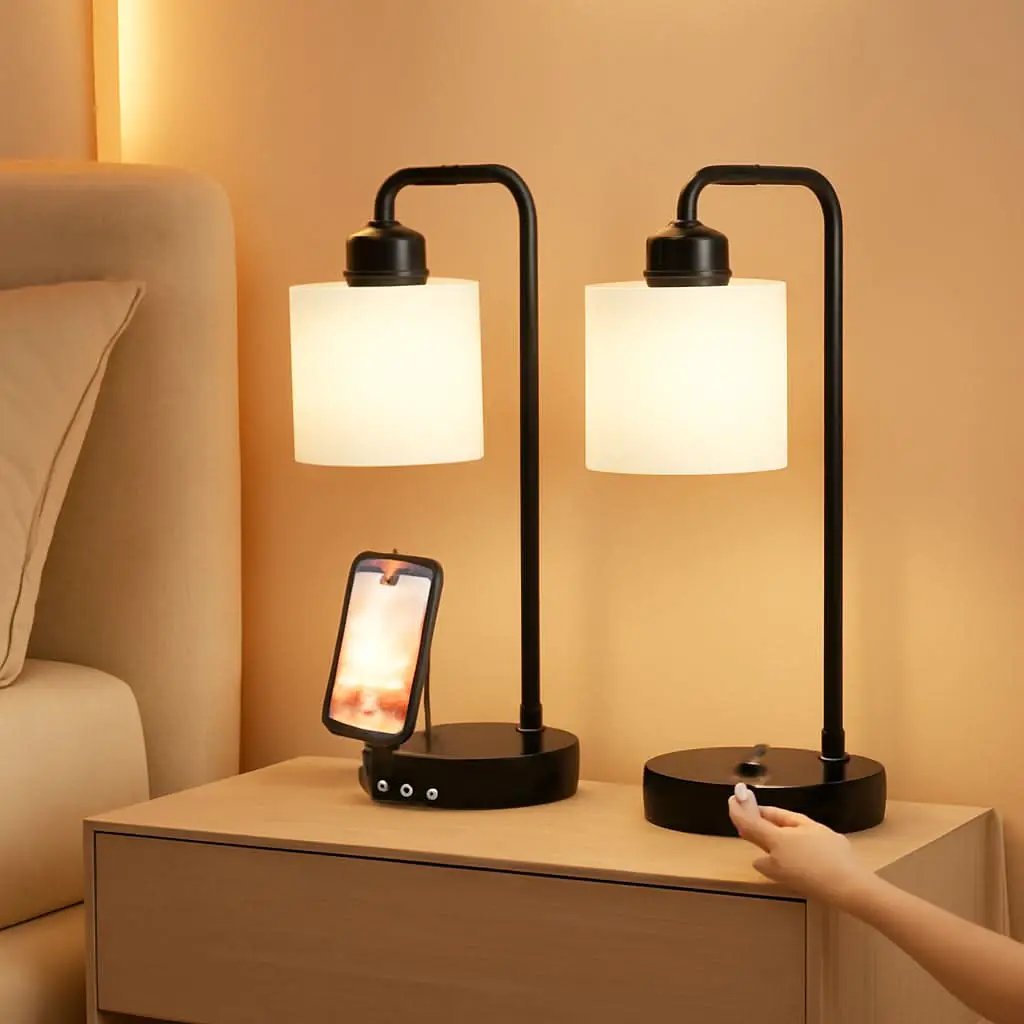 Industrial Touch Bedside Lamps 3-Way Dimmable USB-C from PriceLows™