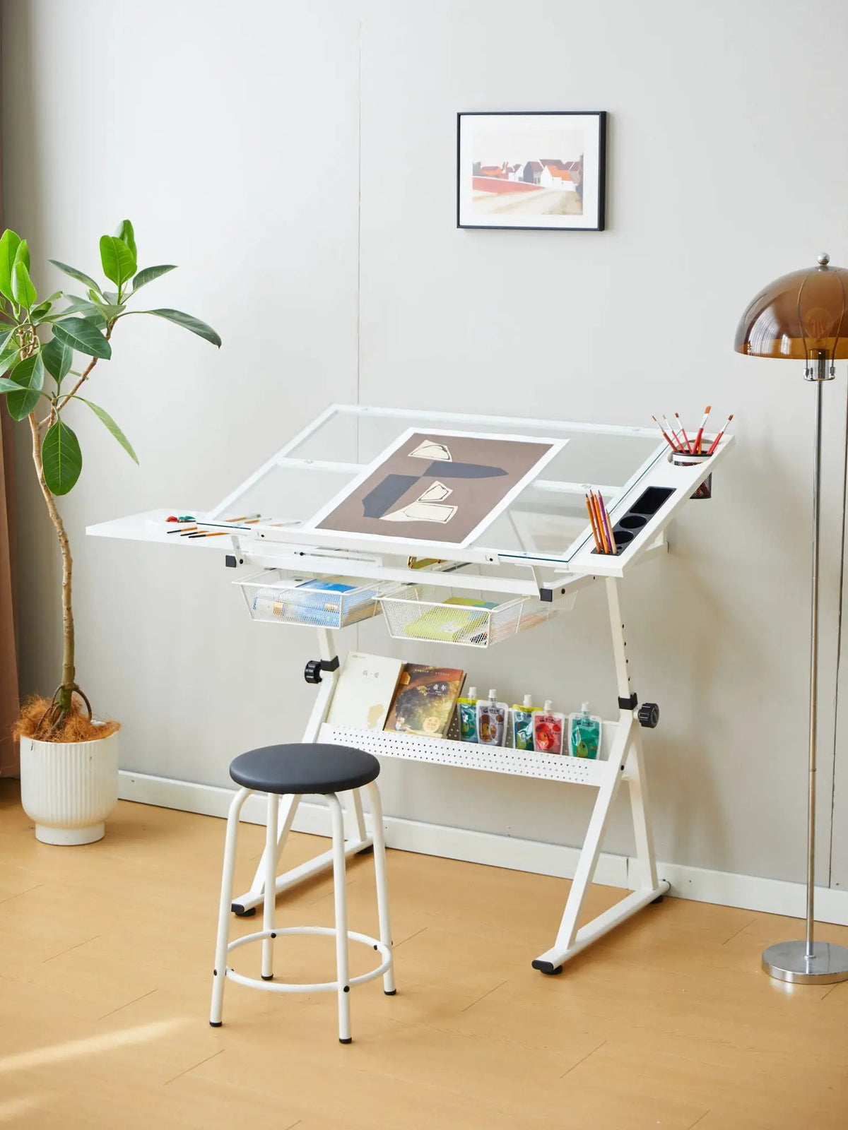 Tempered Glass Drafting Table | Adjustable Tilt 0 To 75 Degrees | Two Metal Drawers | Chair Included