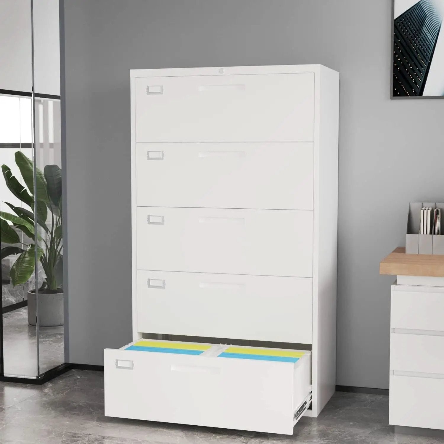 Lateral File Cabinet White 5 Drawer Lockable Office Storage from PriceLows™