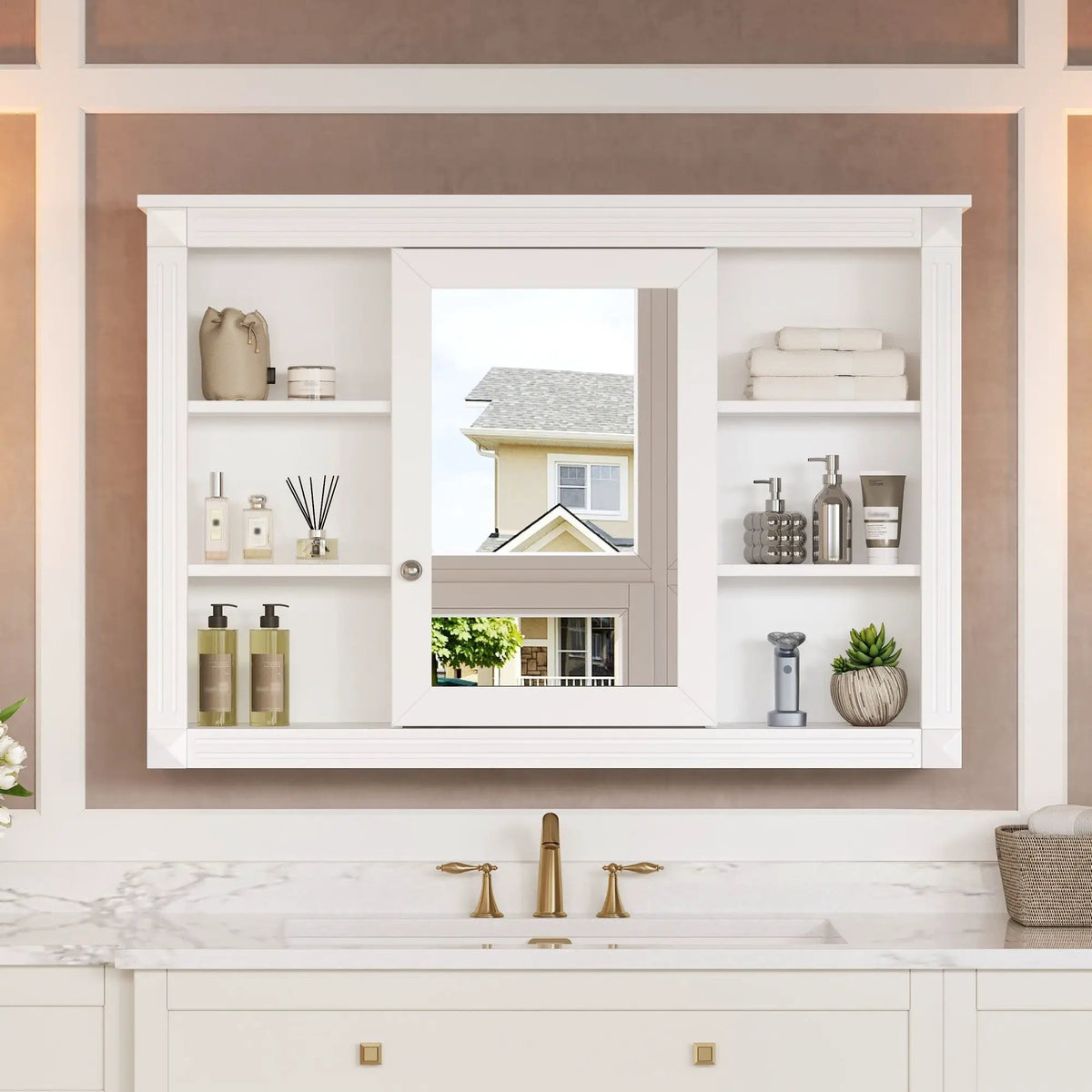 Wall Mount Bathroom Cabinet | With Mirror | 6 Open Shelves | White