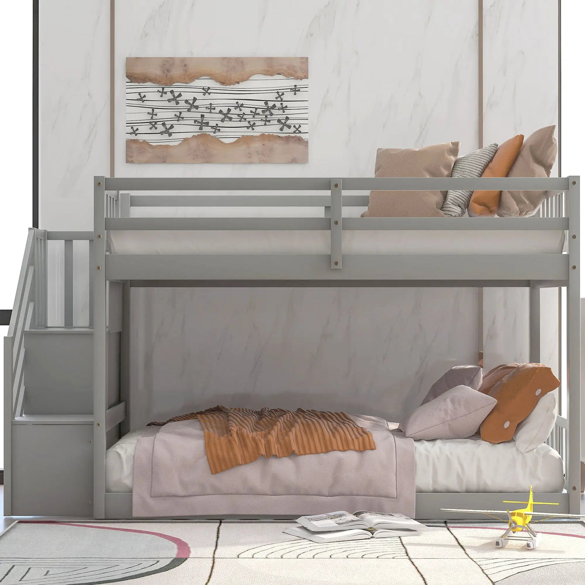 Floor Bunk Bed | Dual Guardrails | Ladder Storage | Twin Over Twin