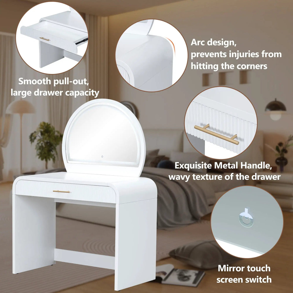 Makeup Vanity Table | Touch Screen Lighted Mirror | Storage Drawer | Curved Edges