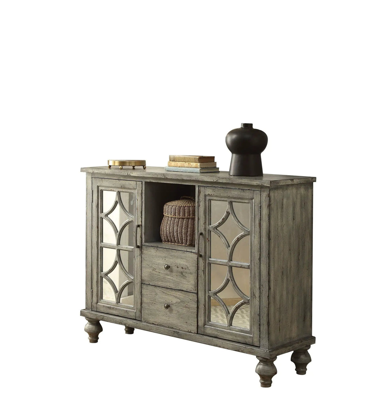 Velika Weathered Console Table | Gray Finish | Open Compartment Storage | Two Doors