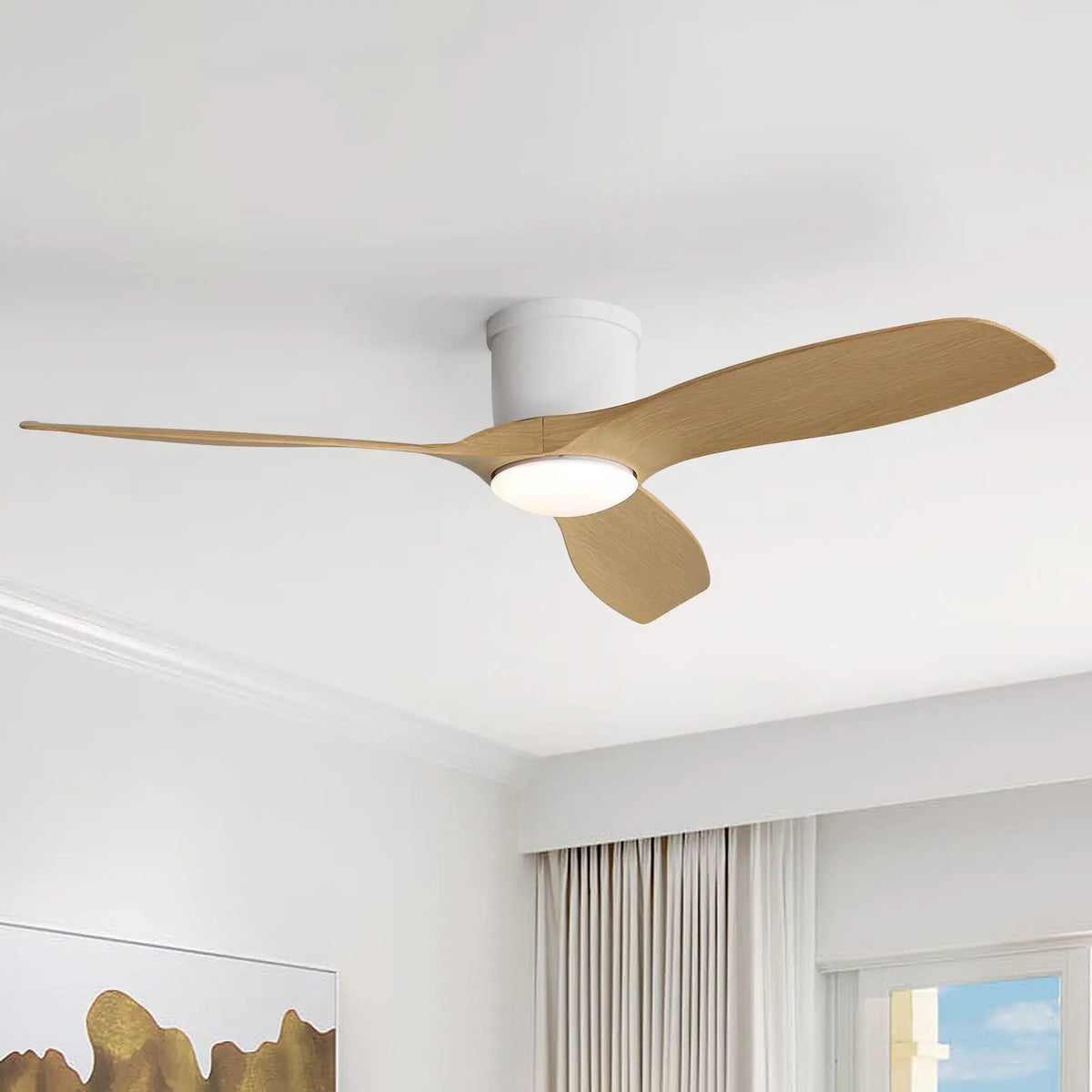 Flush Mount Ceiling Fan | 52 Inch Span | Dimmable LED Light | 3 Blades Reversible DC Motor