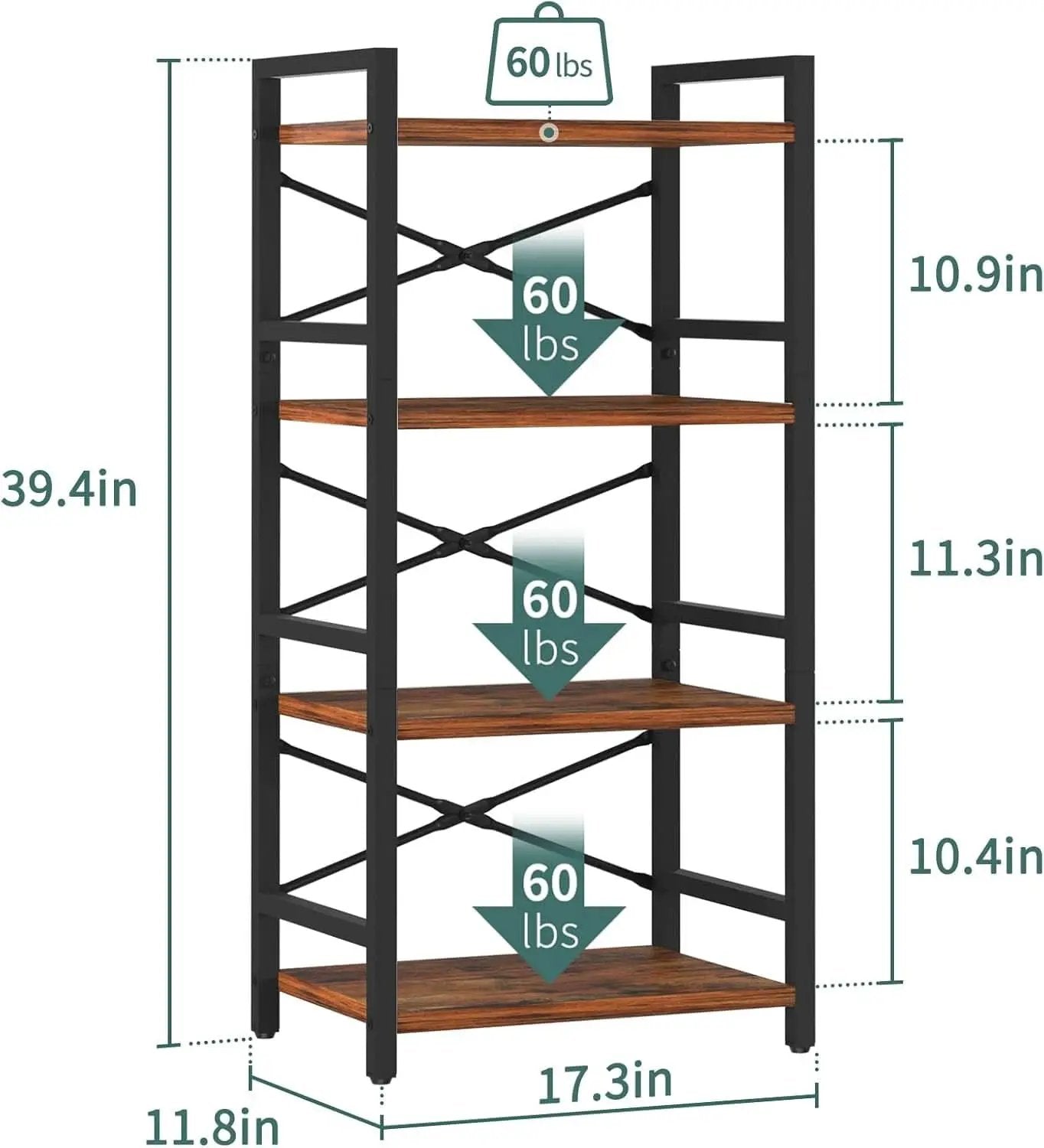 Industrial 4 Tier Narrow Bookcase Berry Brown Space Saving from PriceLows™