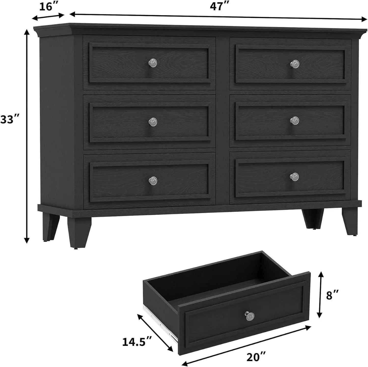 Black Antiqued Traditional Six Drawer Dresser Chest from PriceLows™