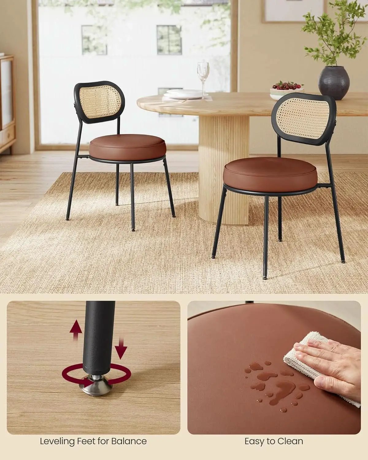 Dining Chairs Set of 4 With Boho Rattan Back Coffee Brown from PriceLows™