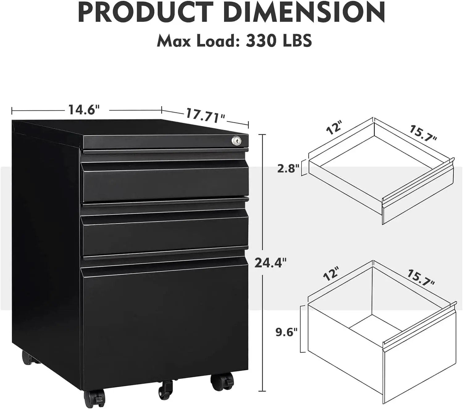 Three Drawer File Cabinet On Wheels With Lock Black Metal from PriceLows™