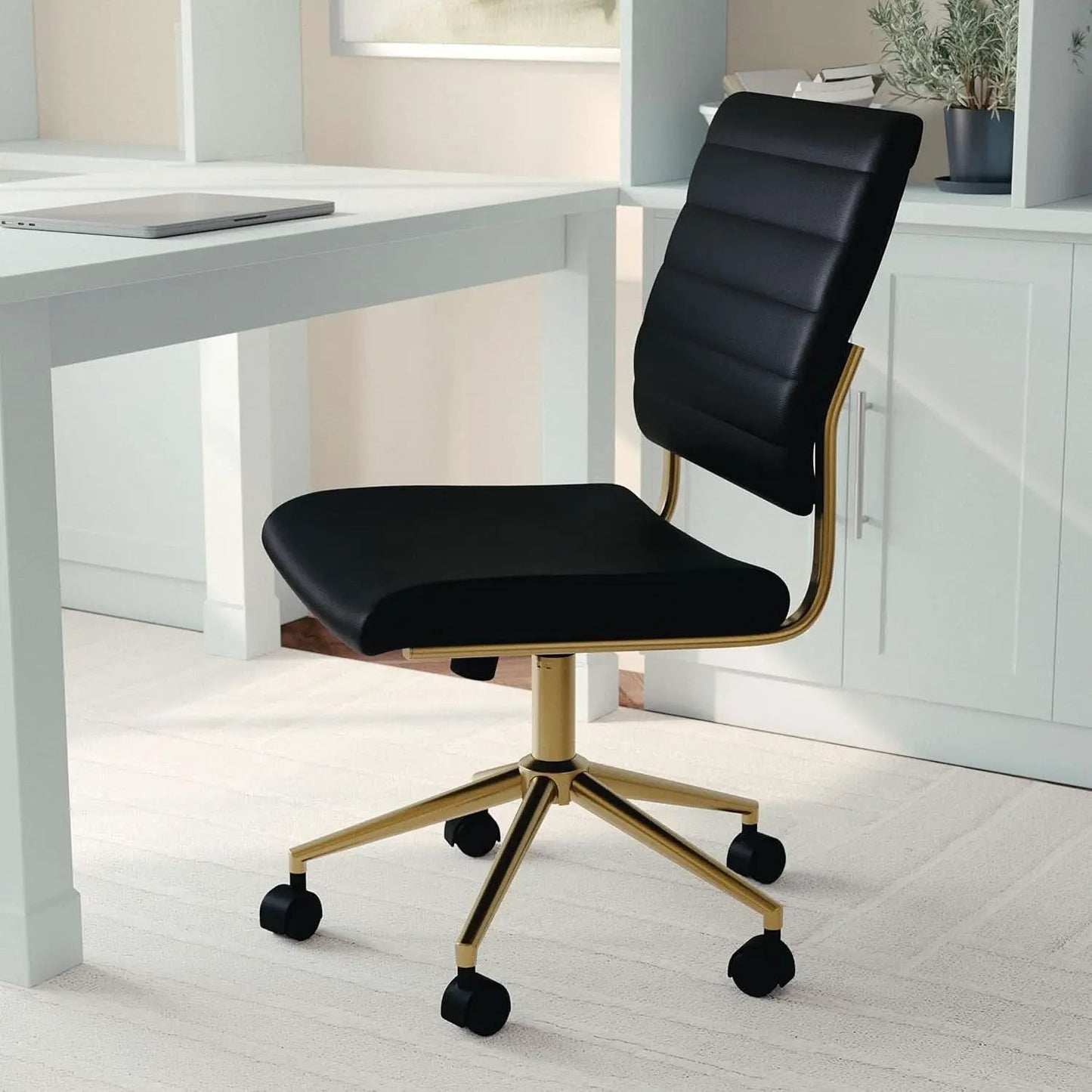 Armless Swivel Task Chair Black Faux Leather Brass Frame from PriceLows™