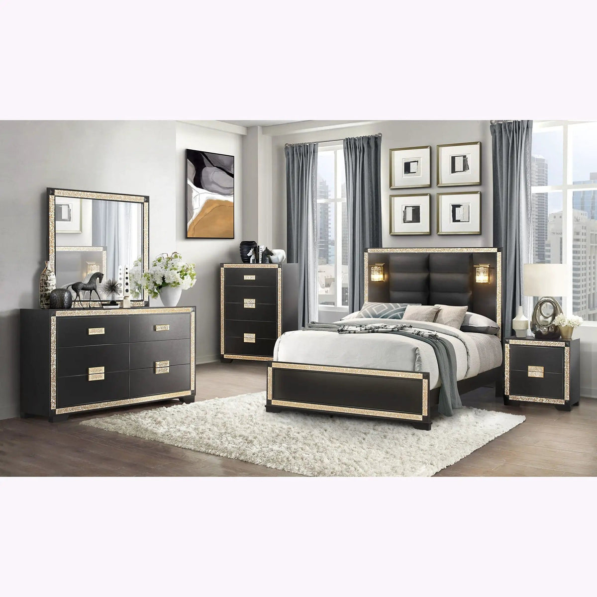 Lively Chest With Glitter Detail And Thick Bar Handle Hardware | 34.1 x 16.5 x 48.35 in | Wood | Black