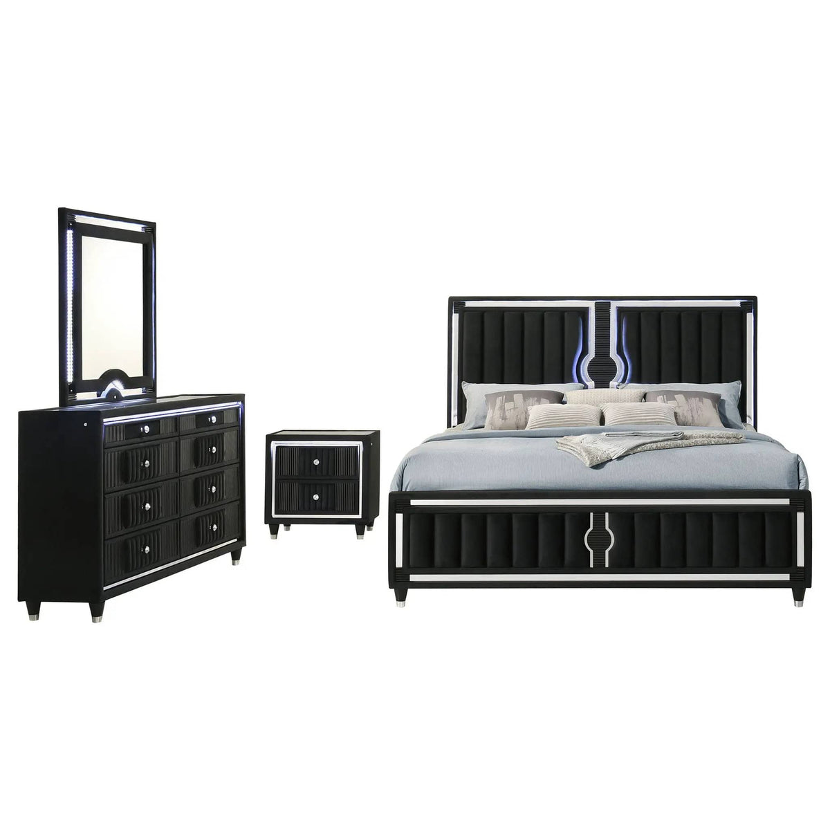 Ravenne 4-piece Velvet Upholstered Queen LED Bedroom Set | 4-Piece Set | Velvet & Polyester | Black