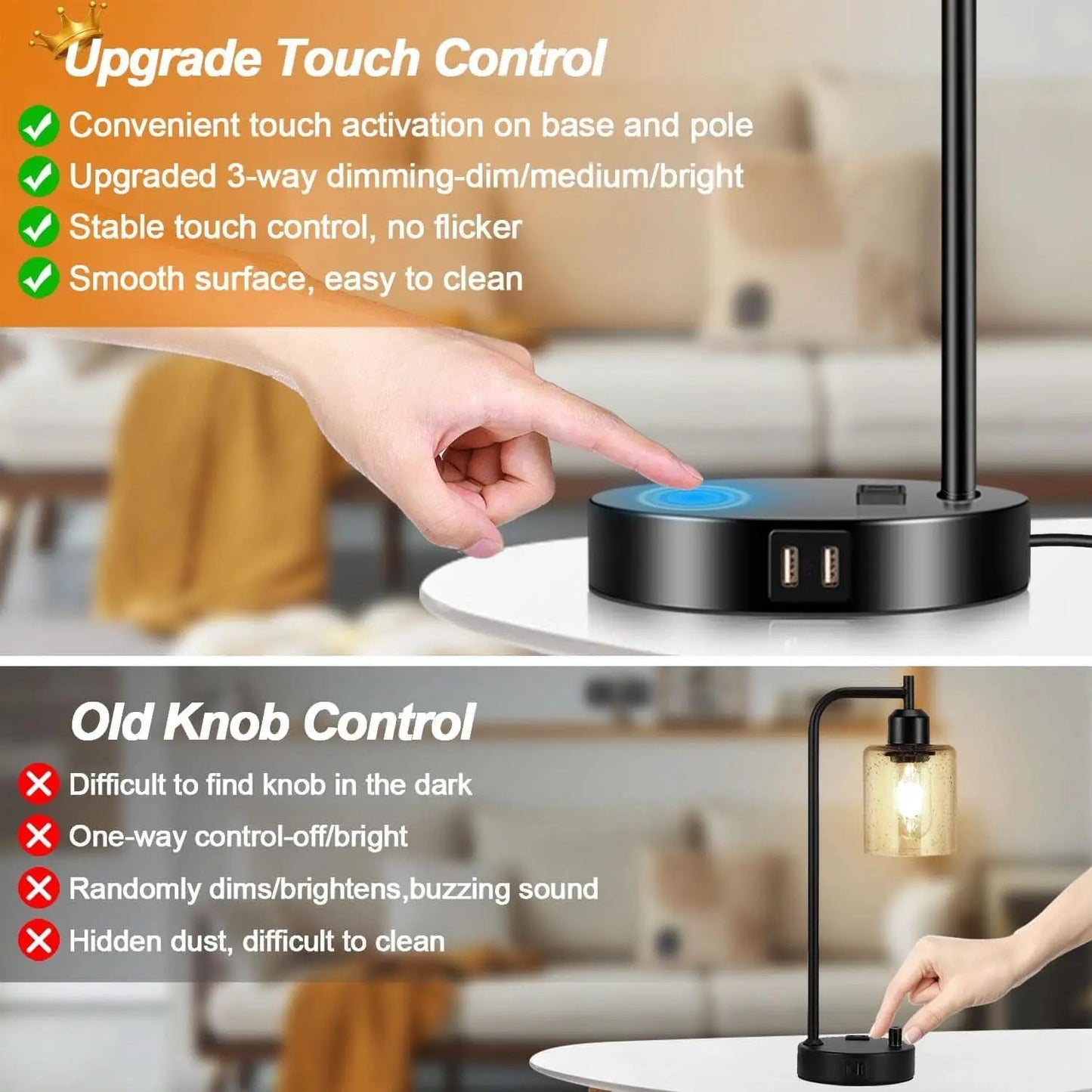 Black Industrial Touch Control Table Lamps With USB Ports from PriceLows™