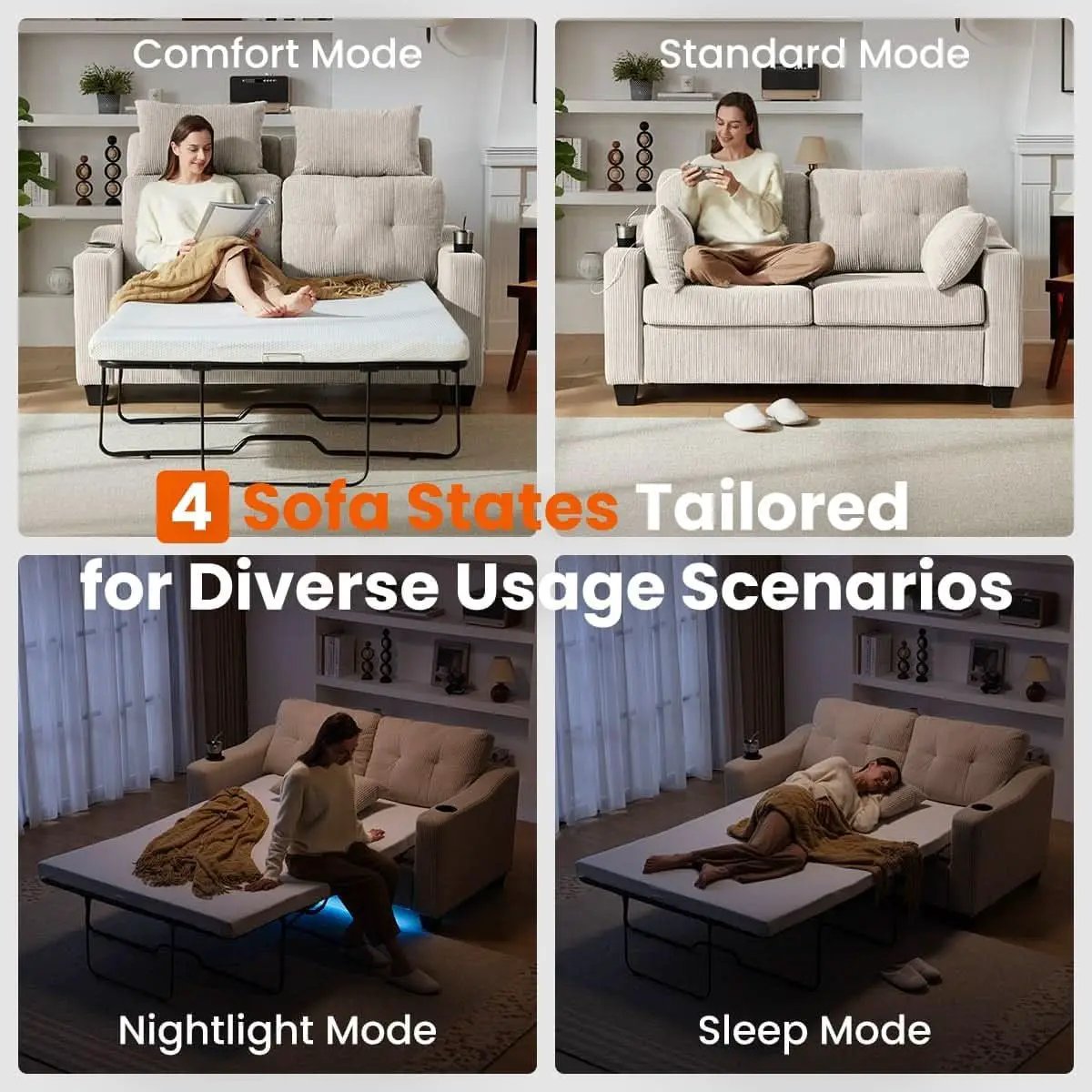 Full Size Corduroy Transformable Sofa Bed USBChargingPort from PriceLows™